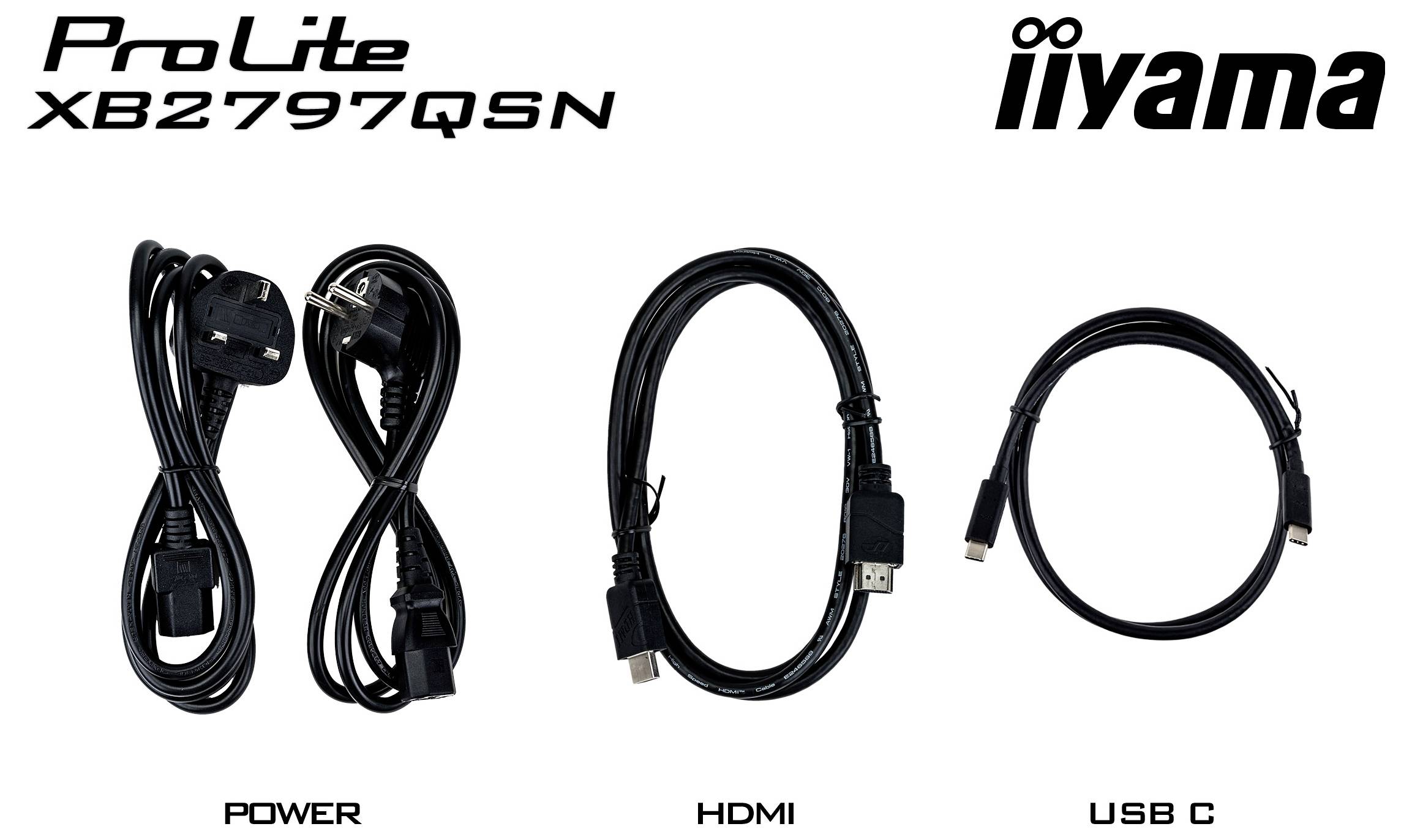 Drei Kabel mit den Beschriftungen „Power