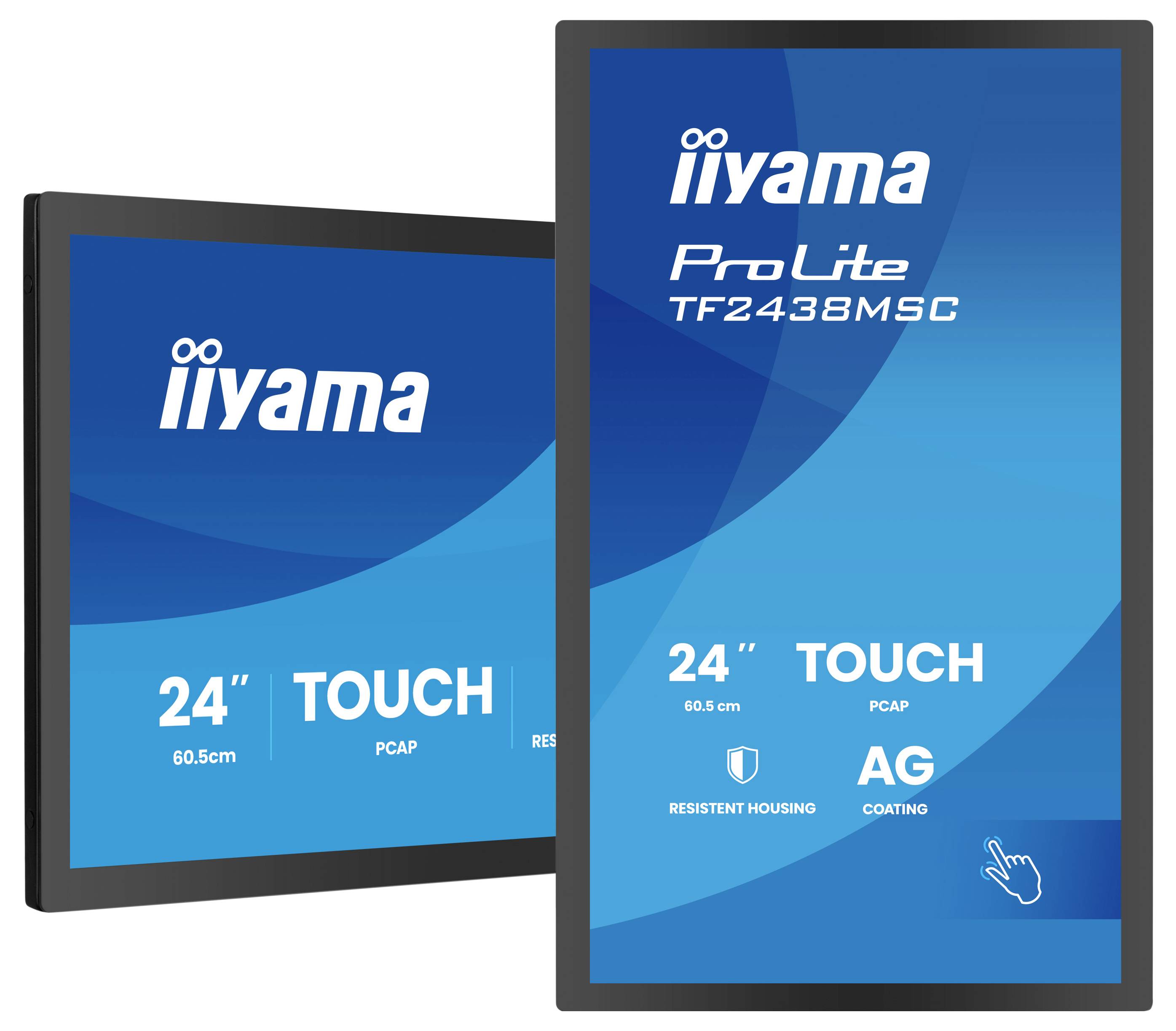 Zwei Touch-Screen-Monitore werden in verschiedenen Winkeln angezeigt. Der Text auf den Bildschirmen lautet: „iiyama ProLite TF2438MSC, 24
