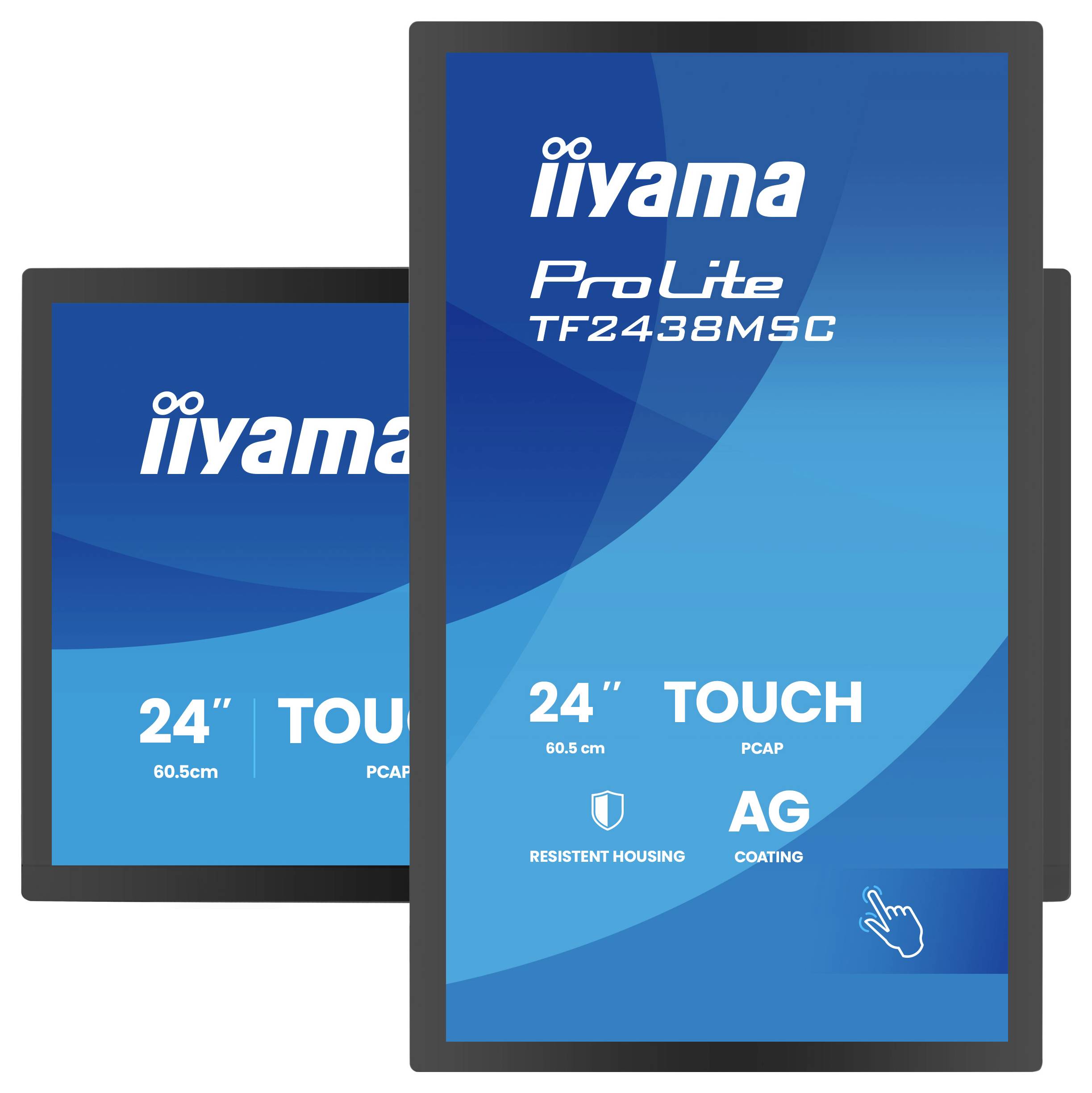 Zwei schwarzgerahmte Touchscreens zeigen Funktionen an: „24-Zoll-PCAP-Touch, AG-Beschichtung, robustes Gehäuse.