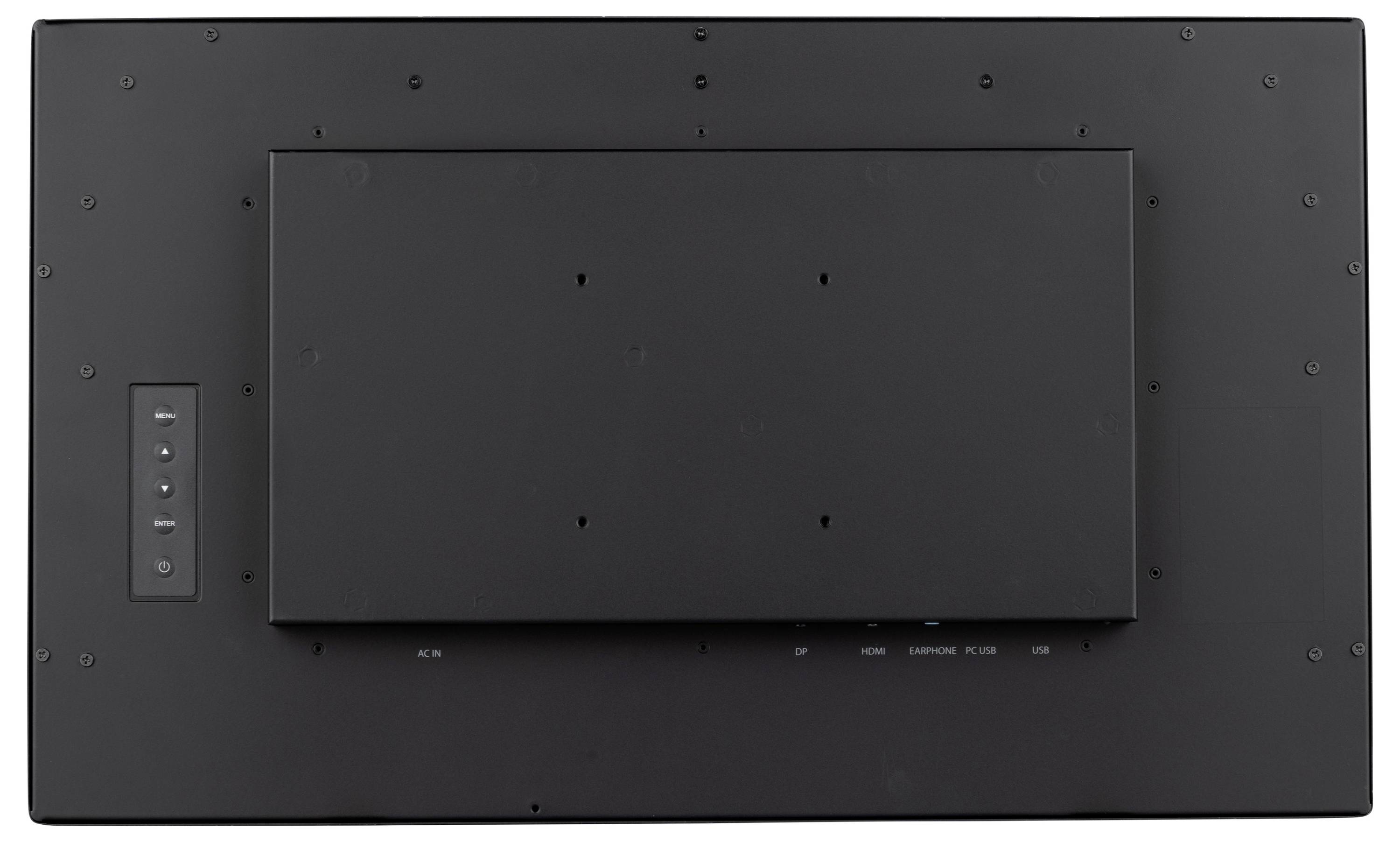 Rückansicht eines Flachbildschirms mit der Befestigungsschnittstelle und dem Eingabefeldbereich mit Tasten und Anschlüssen.