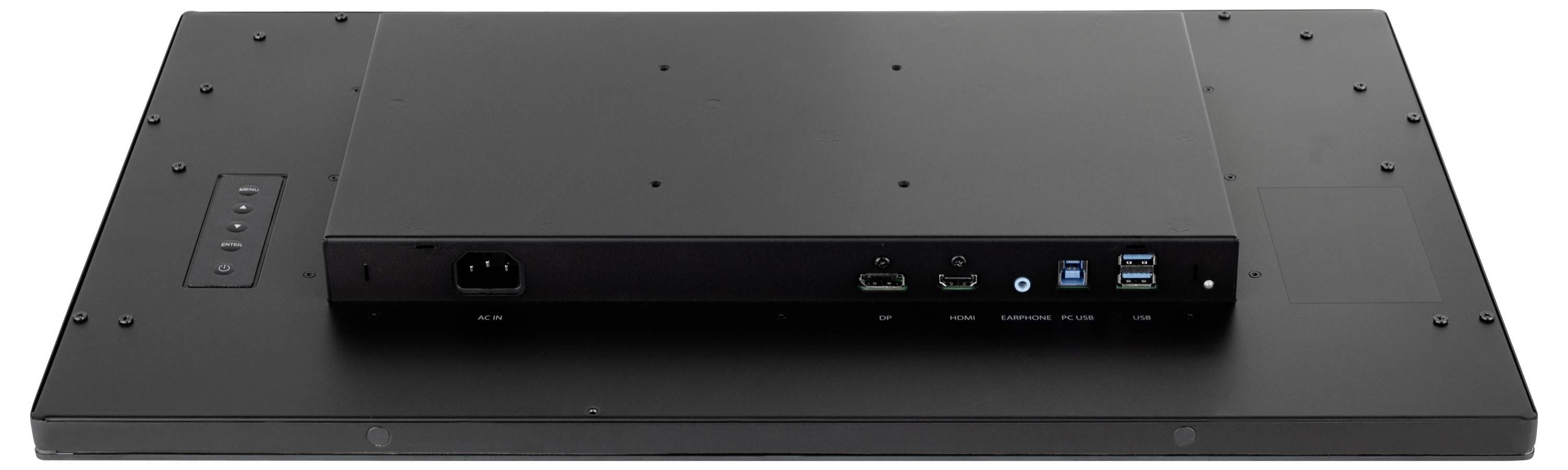 Ein Flachbildschirm-Monitor von hinten gesehen, zeigt Anschlüsse einschließlich Stromversorgung, HDMI und USB-Verbindungen. Der Monitor hat ein elegantes, schwarzes Design.