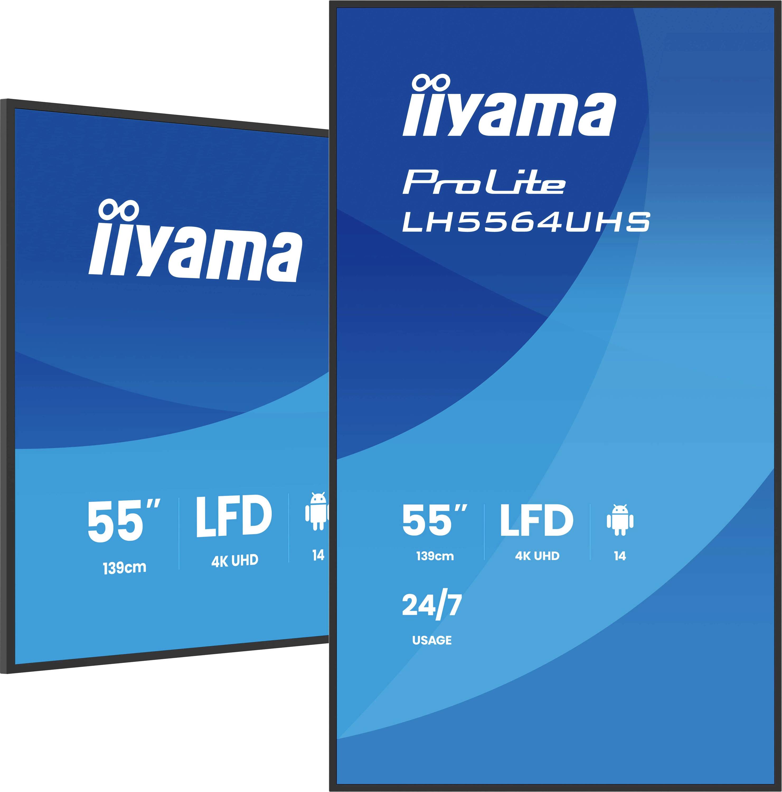 Zwei nach vorne gerichtete iiyama 55-Zoll-4K-UHD-Digitalanzeigedisplays, gekennzeichnet als ProLite LH5564UHS mit 24/7-Nutzung und Android-Symbol.