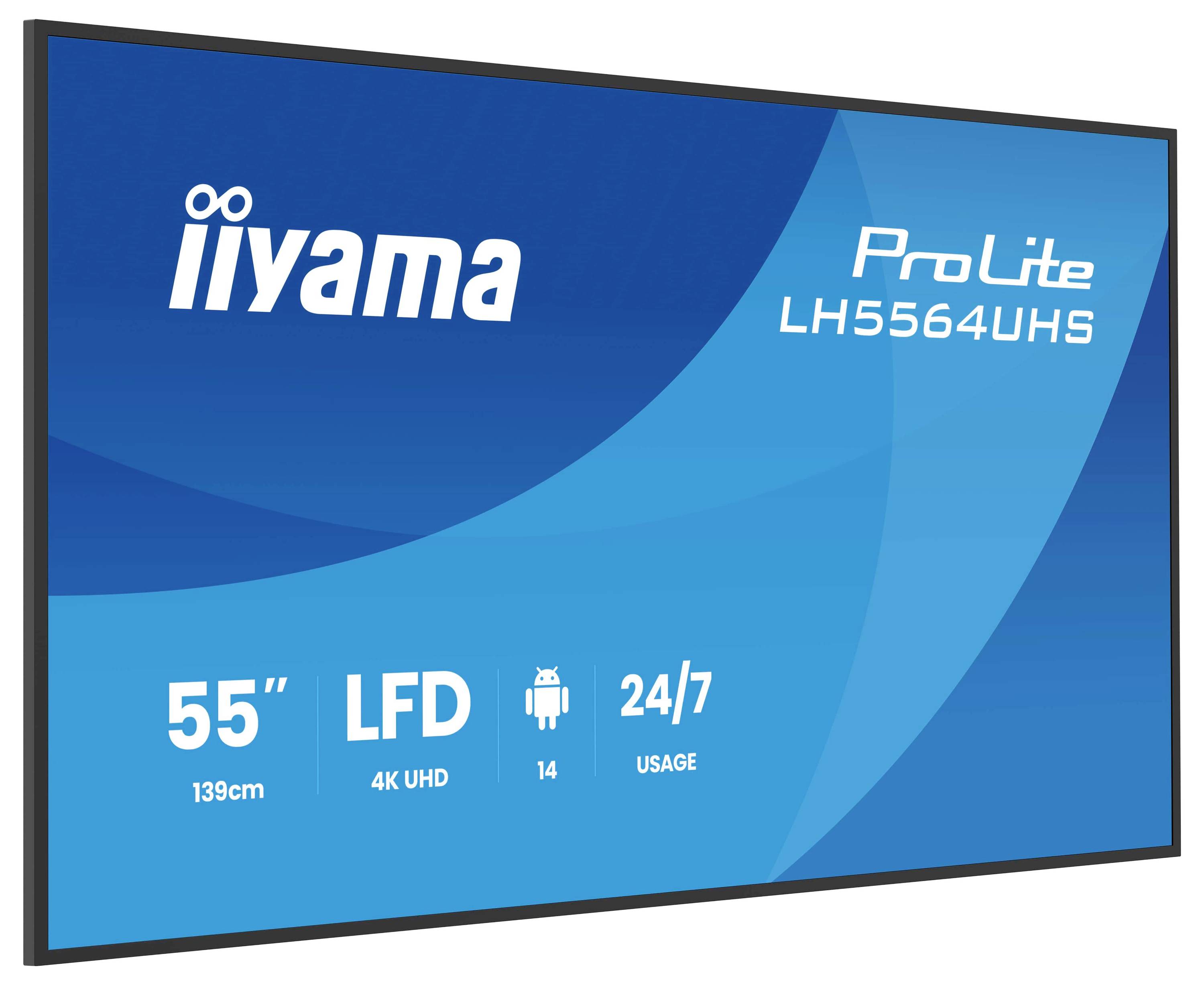 Anzeigebildschirm mit dem Modell „iiyama ProLite LH5564UHS", 55 Zoll, 4K UHD, konzipiert für 24/7-Betrieb, mit Android-Betriebssystem.