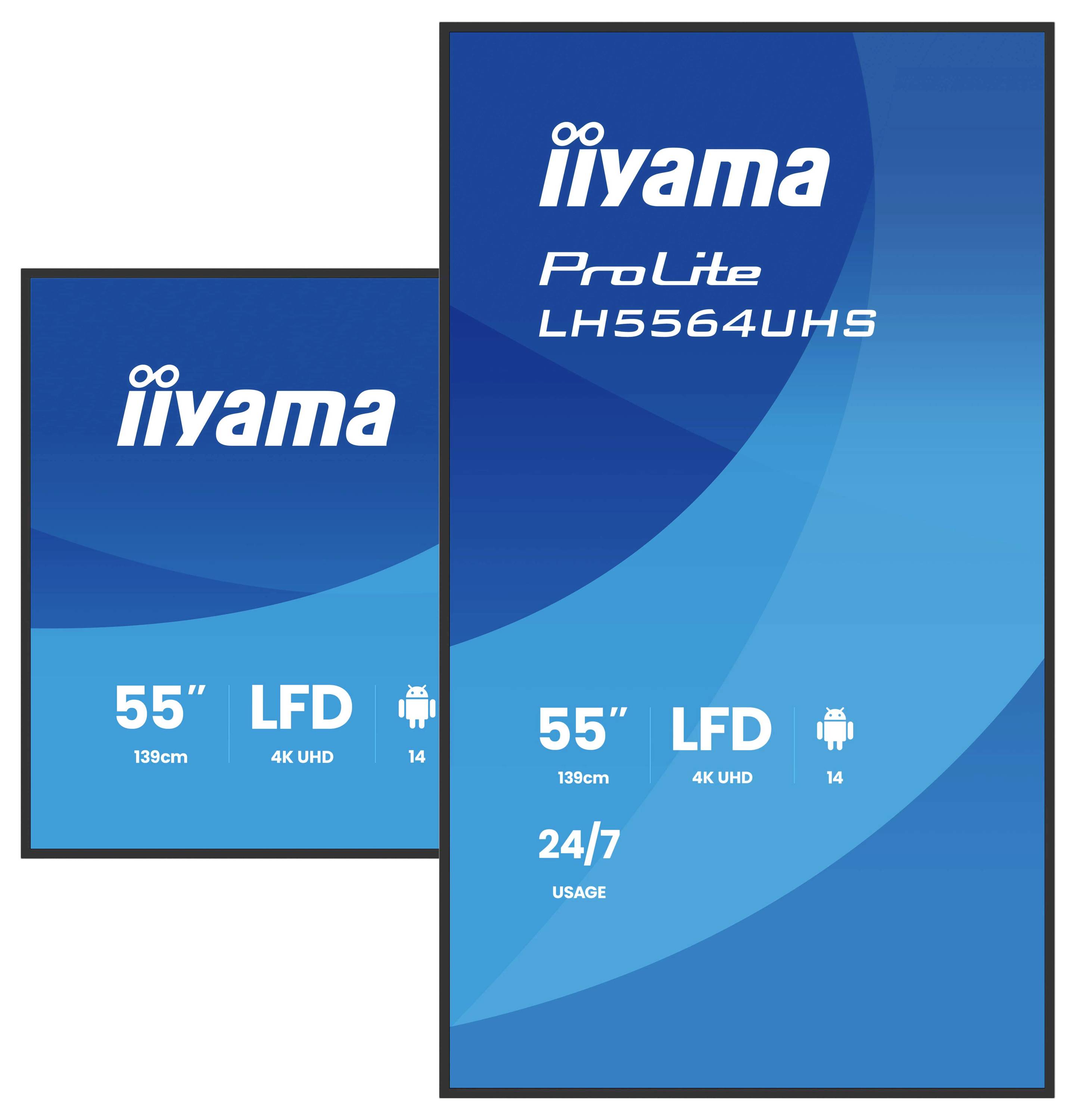 Zwei digitale Werbedisplays mit Markenlogo. Beide Bildschirme zeigen „55" 139cm, LFD, 4K UHD, 24/7-Betrieb." Eines ist ein Produktbild.