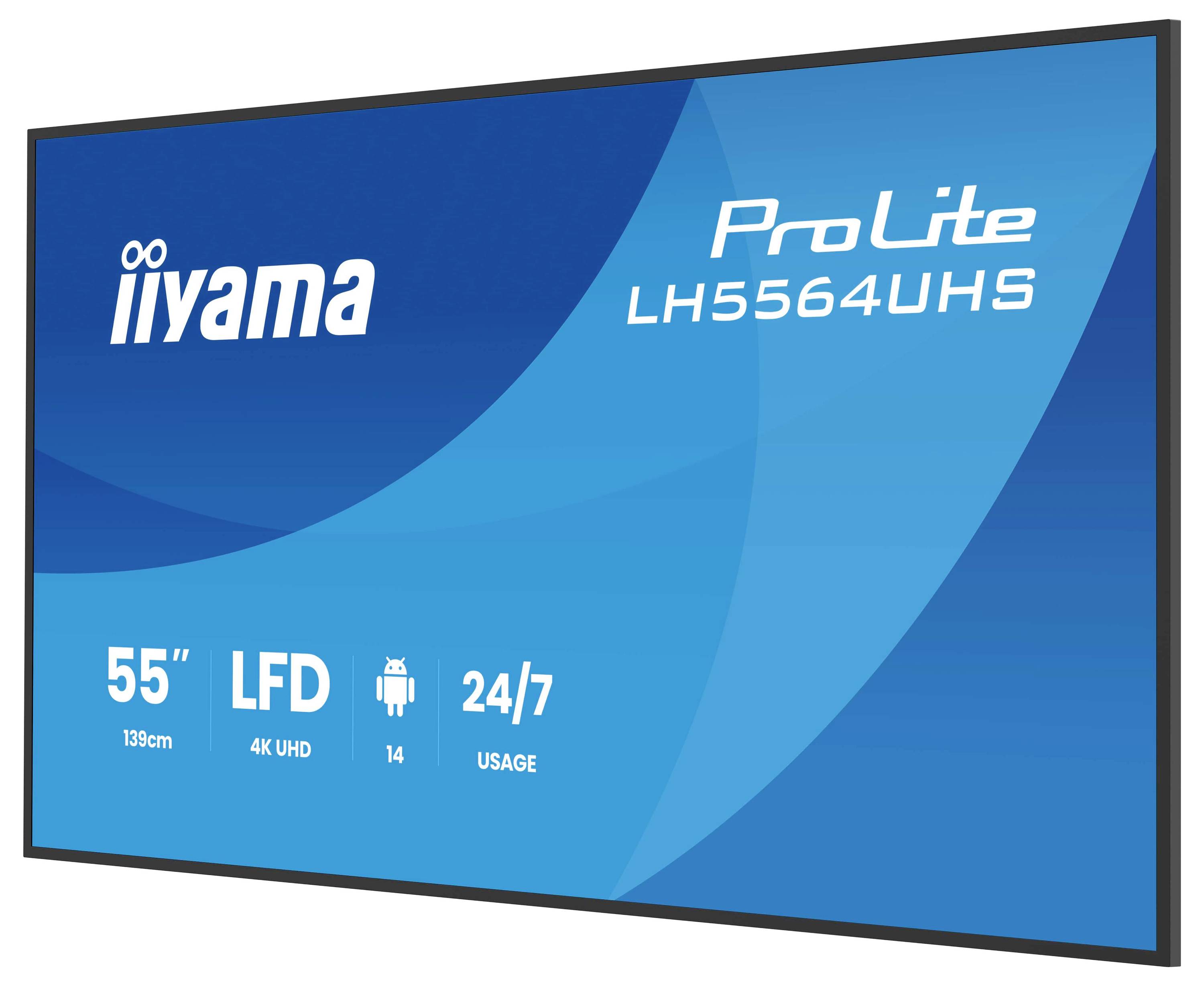 Digitale Anzeigetafel mit der Anzeige „iiyama ProLite LH5564UHS". Merkmale: 55 Zoll, 4K UHD, Android, für den 24/7-Betrieb ausgelegt.