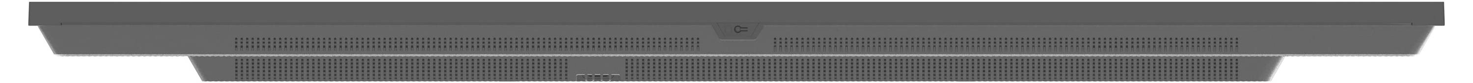 Eine Nahaufnahme eines dunkel gefärbten Soundbars, die sein Sprechergitter und sein elegantes Design zeigt.