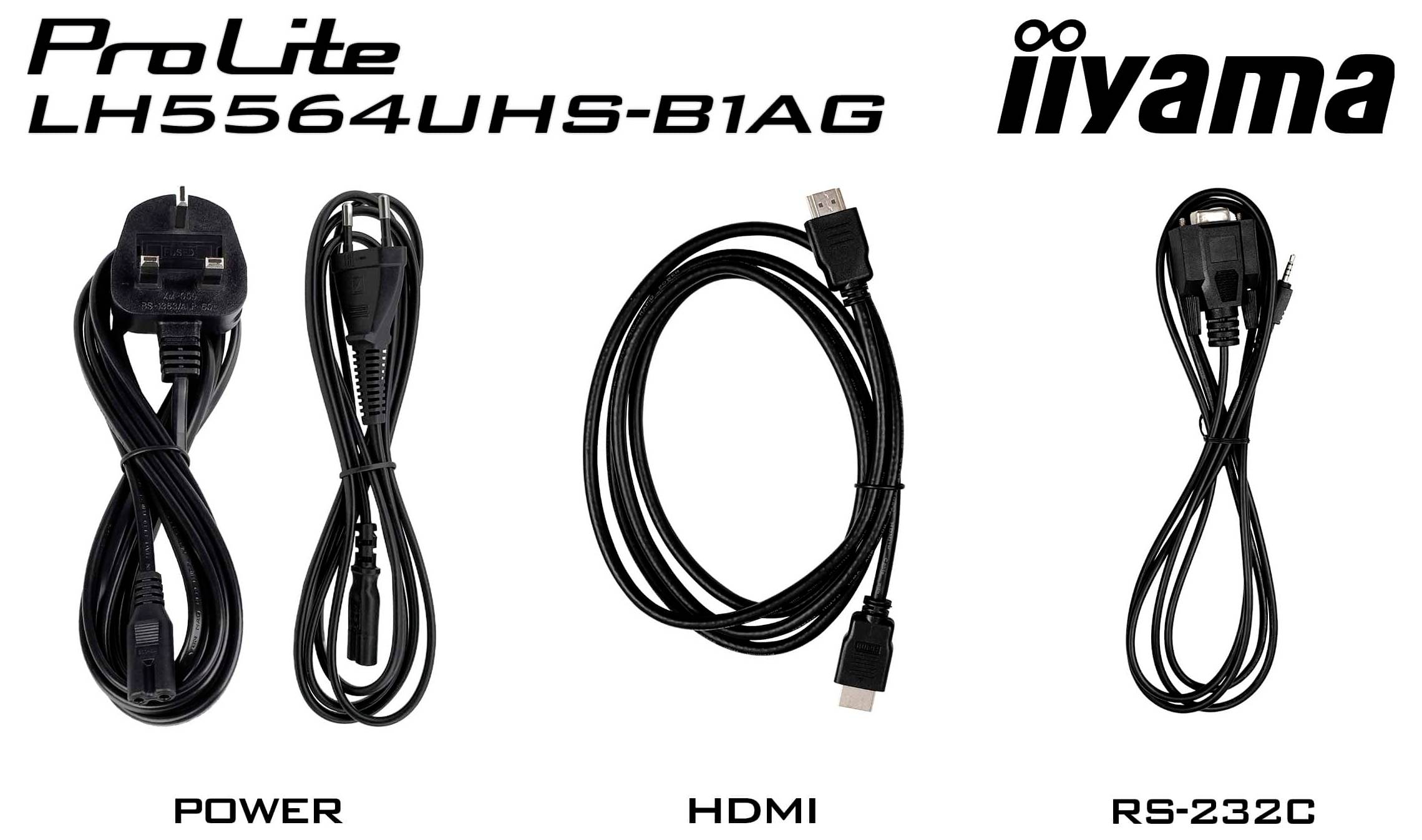 "ProLite iiyama LH5564UHS-B1AG" mit im Lieferumfang enthaltenen Kabeln: Stromkabel, HDMI und RS-232C.
