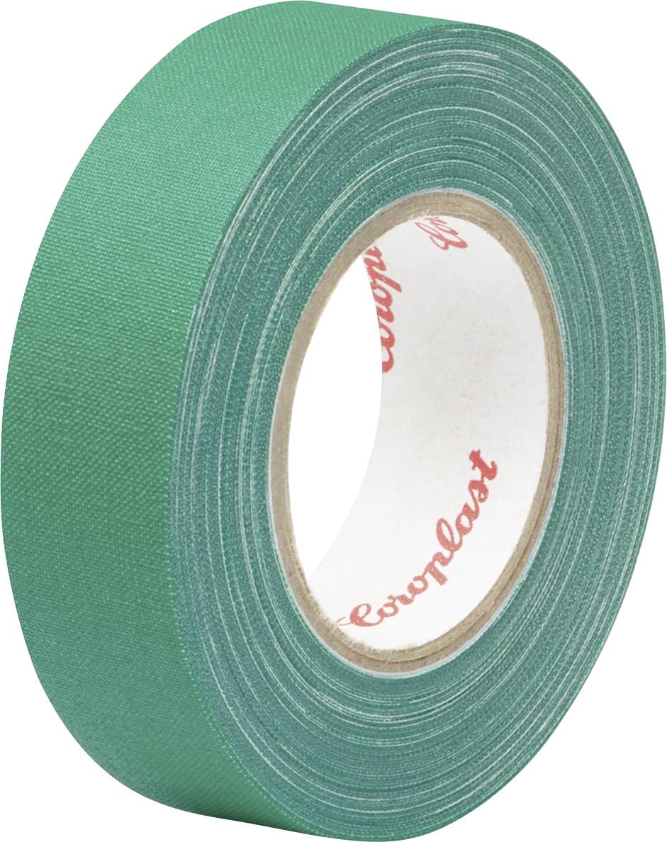 Eine Rolle grünes Gewebeband mit weißem Kern, auf dem roter Text angebracht ist.