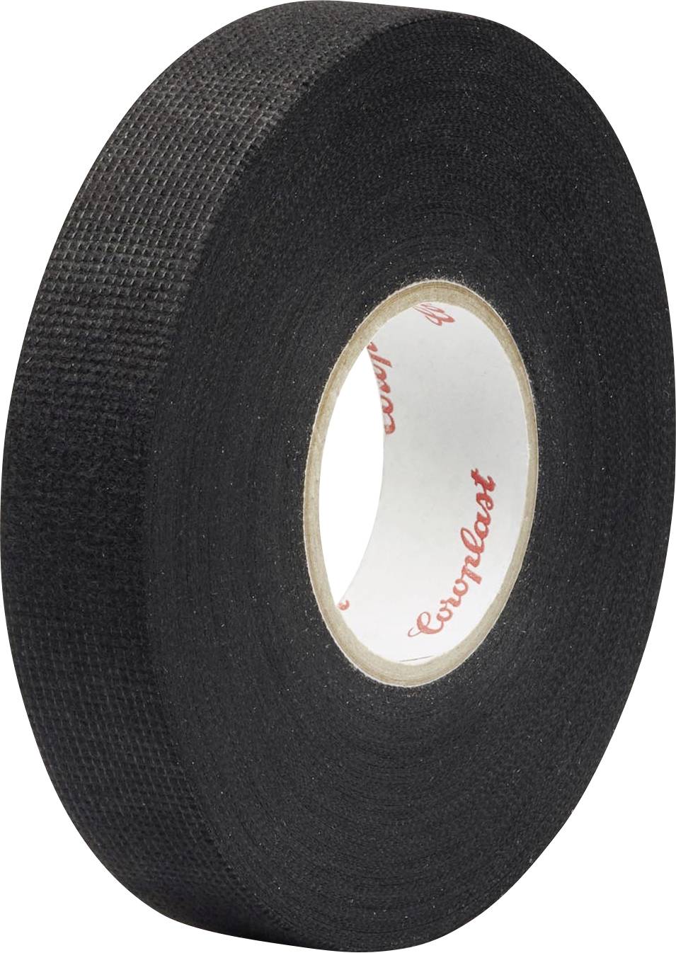 Eine Rolle schwarzes Gewebeband mit einem weißen Innenring mit rotem Text, verwendet zur Isolierung oder zum Bündeln von Kabeln.