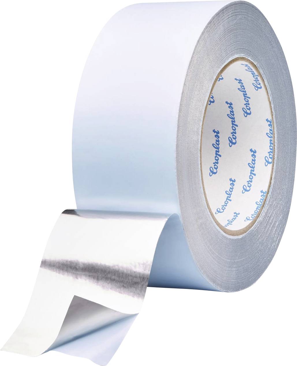 Eine Rolle Silber-Klebeband mit weißem Träger, teilweise abgerollt, mit dem auf der Innenseite aufgedruckten Markennamen.