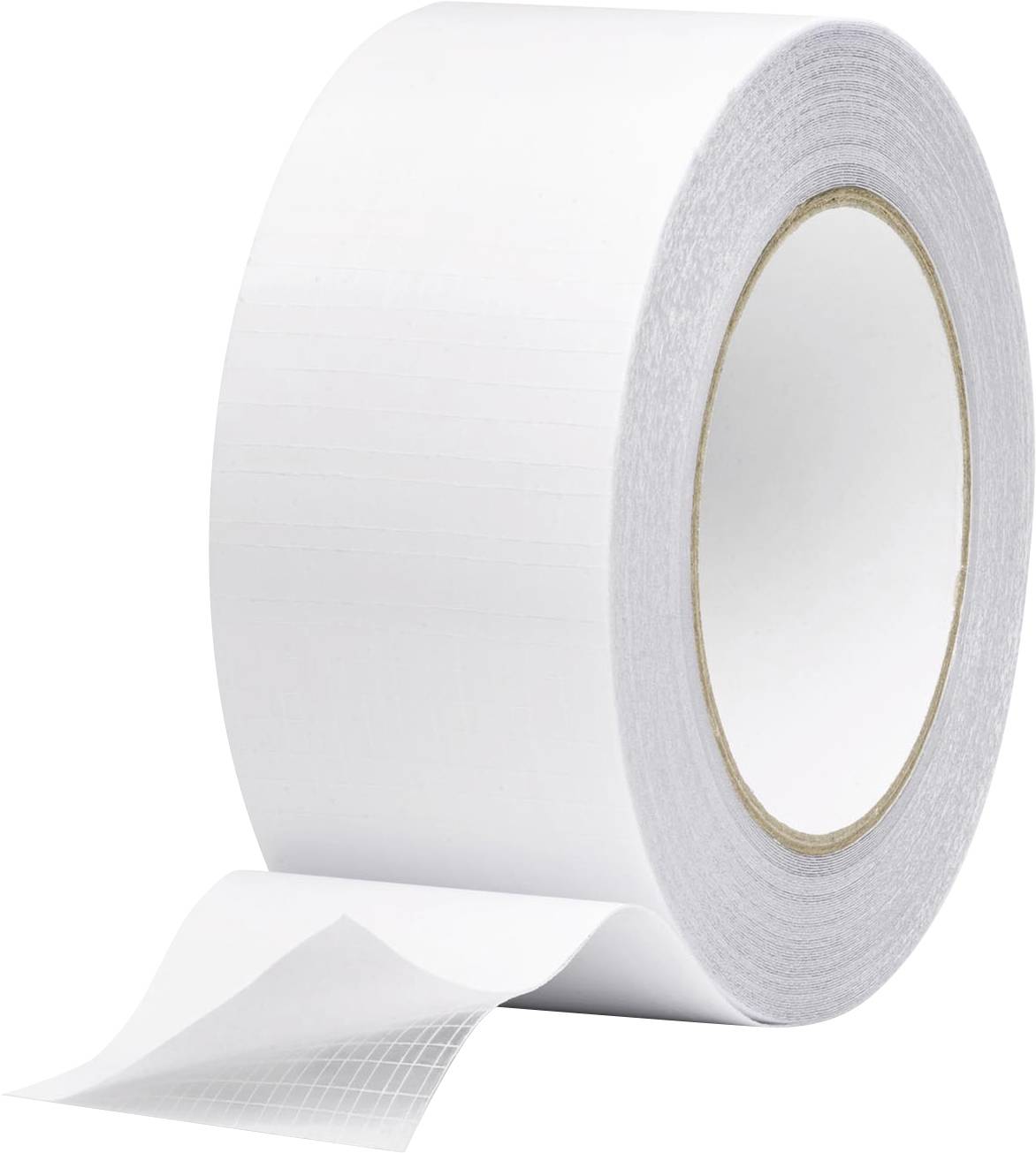 Eine Rolle weißes Klebeband mit einem Stück, das leicht abgelöst ist und die Klebstoffseite freilegt.