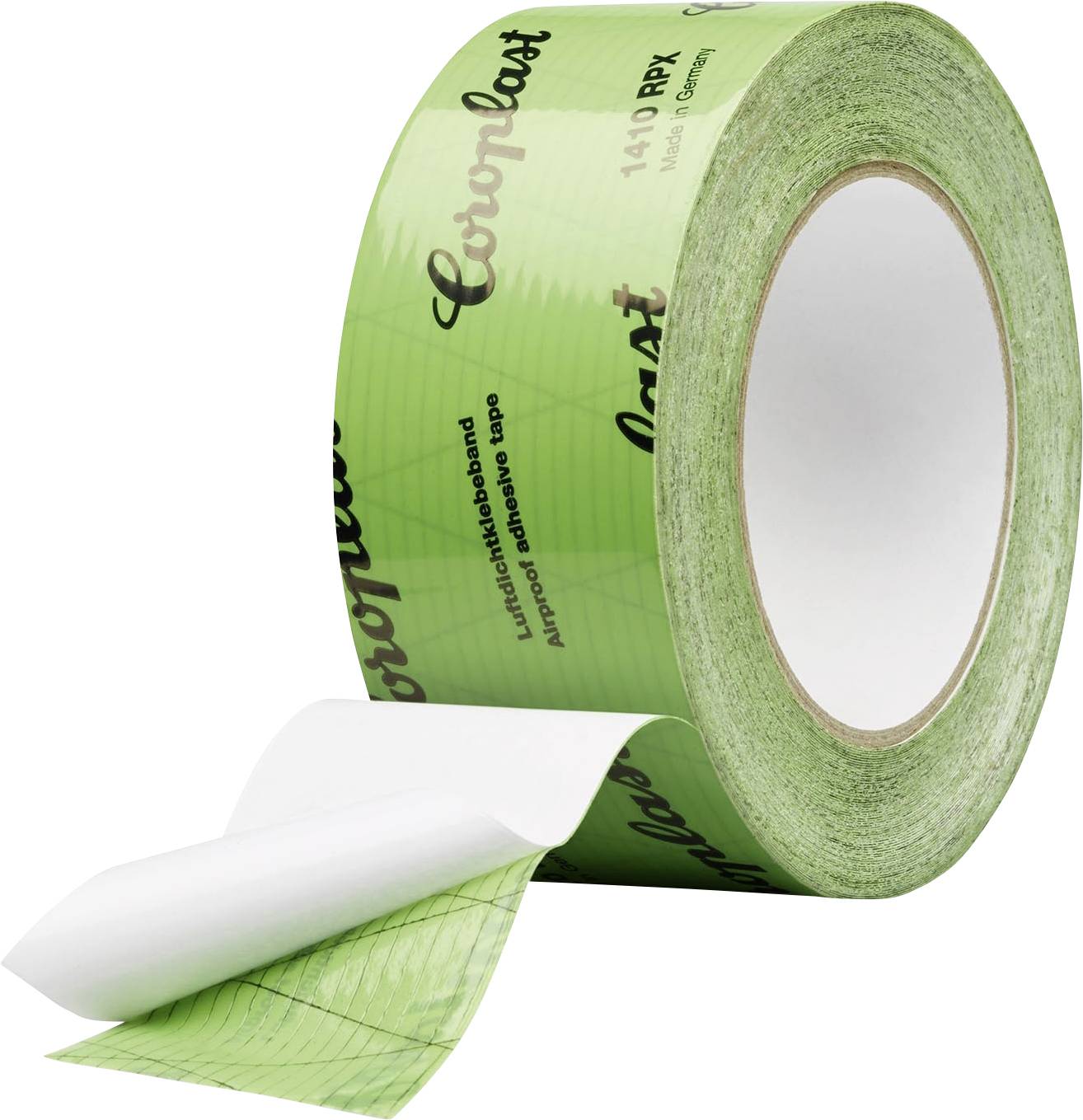 Eine Rolle hellgrünes Coroplast-Klebeband mit teilweise abgerolltem Klebeband, das den Text „Luftdichtklebeband