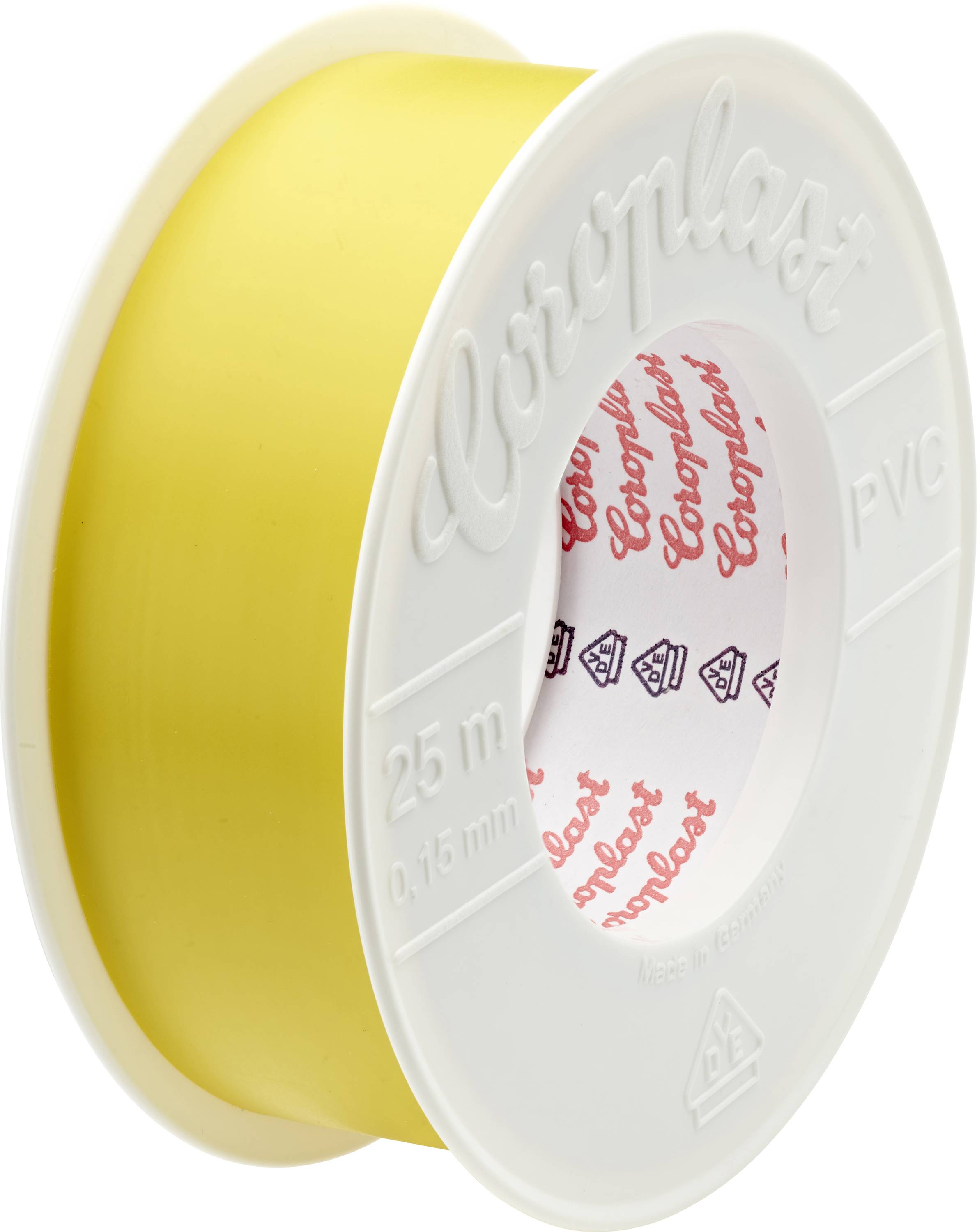 Eine gelbe Elektroklebeband-Spule mit der Aufschrift „Coroplast PVC 25 m 0,15 mm