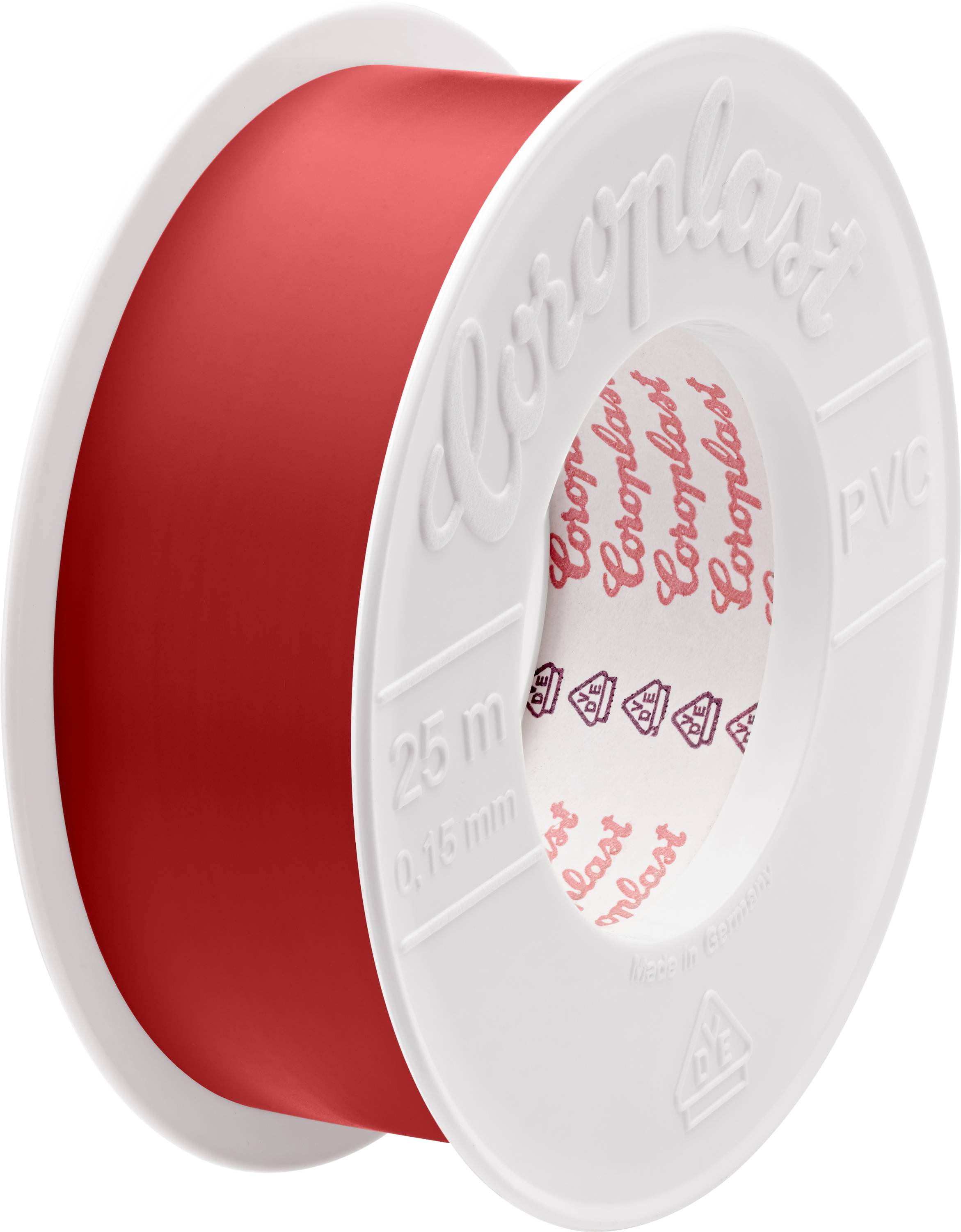 Rolle rotes Klebeband mit Aufschrift 