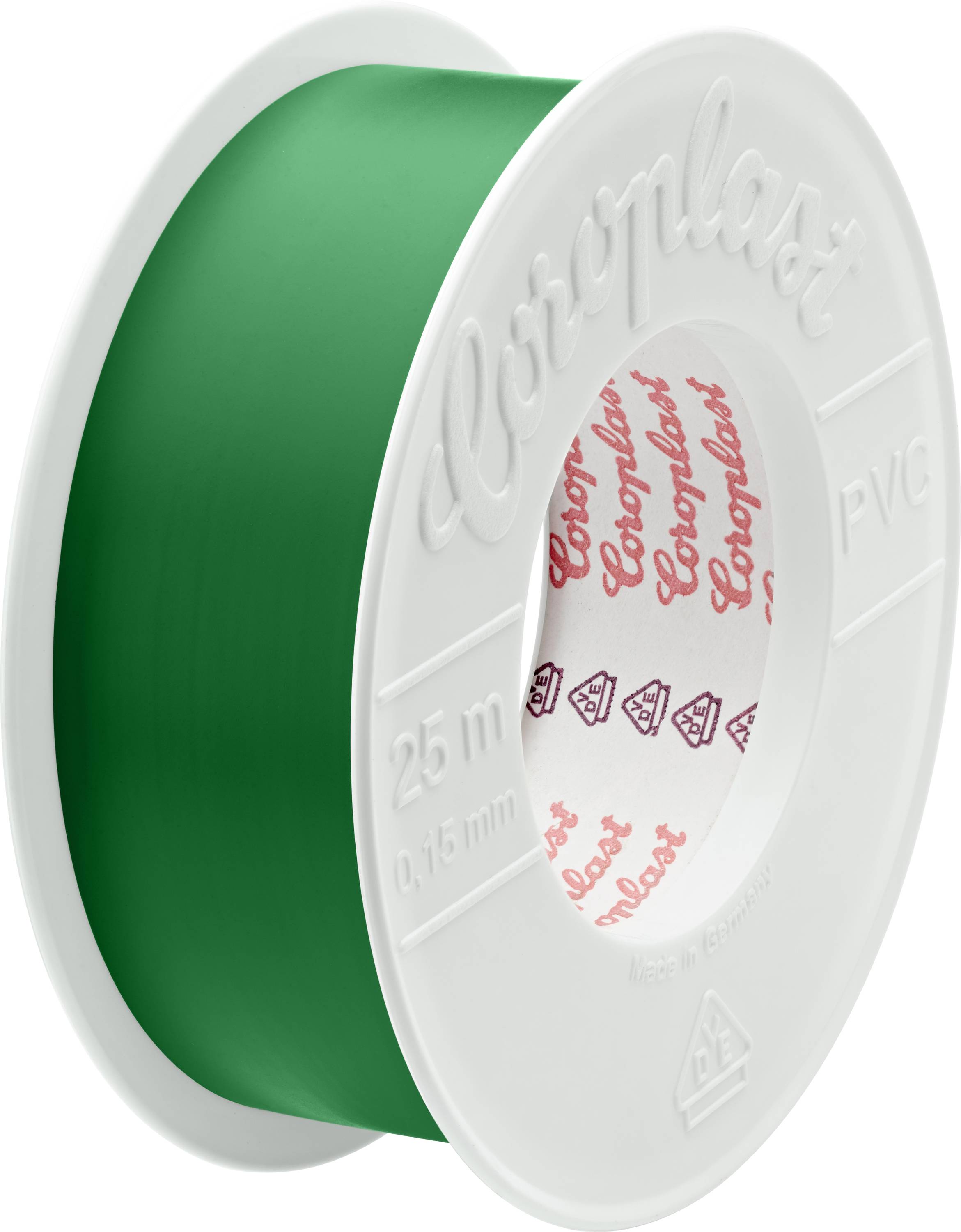 Eine Rolle grünes PVC-Klebeband, mit der Beschriftung „25 m, 0,15 mm