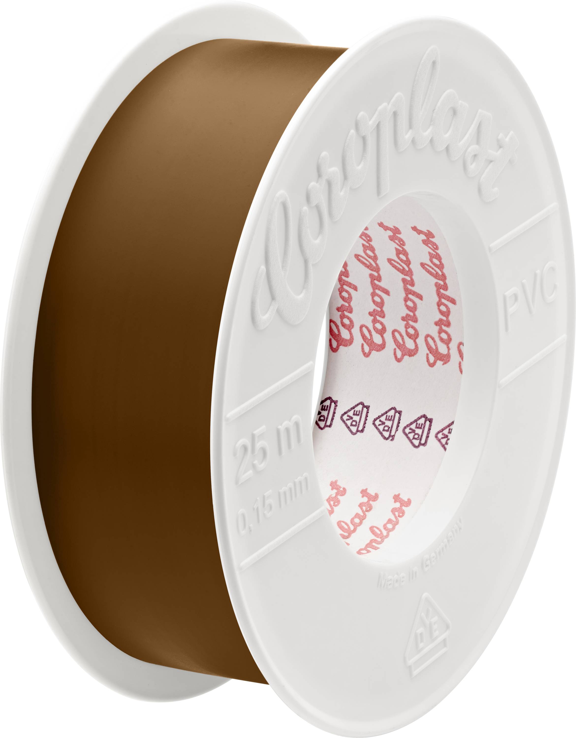 Eine braune Haftband-Rolle von Coloplast, gekennzeichnet mit '25 m' Länge und '0,15 mm' Dicke.