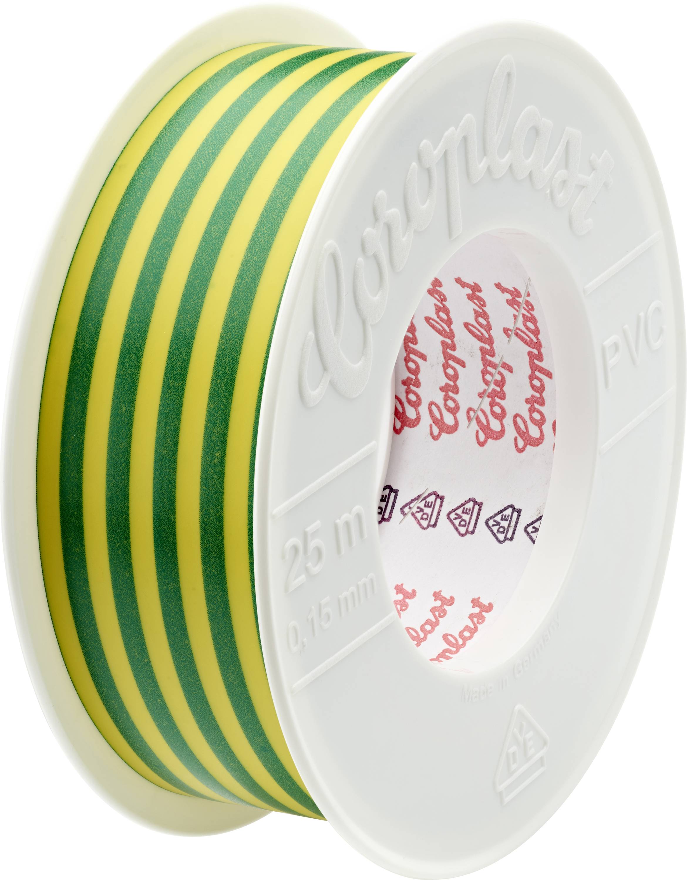 Eine Spule mit grün und gelb gestreifter elektrischer Leitung in einem weißen Kunststoffgehäuse mit der Beschriftung 