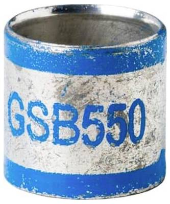 Ein metallischer Zylinder mit blauen Bändern und der Aufschrift „GSB550