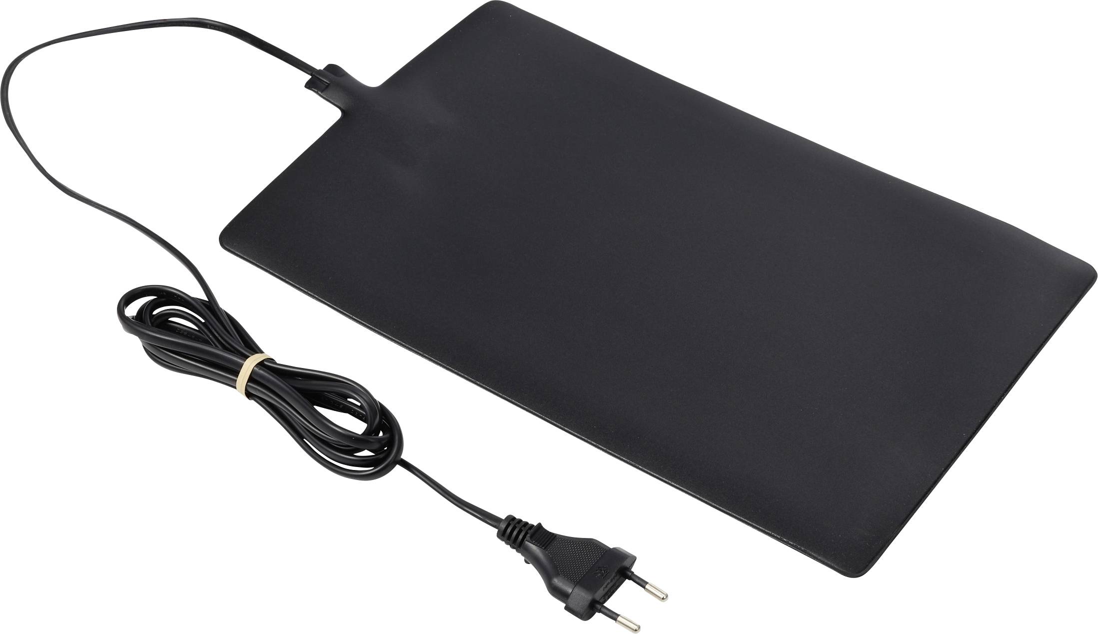 Schwarzes rechteckiges elektrisches Heizkissen mit angebrachtem Stromkabel und Stecker, abgebildet auf weißem Hintergrund.