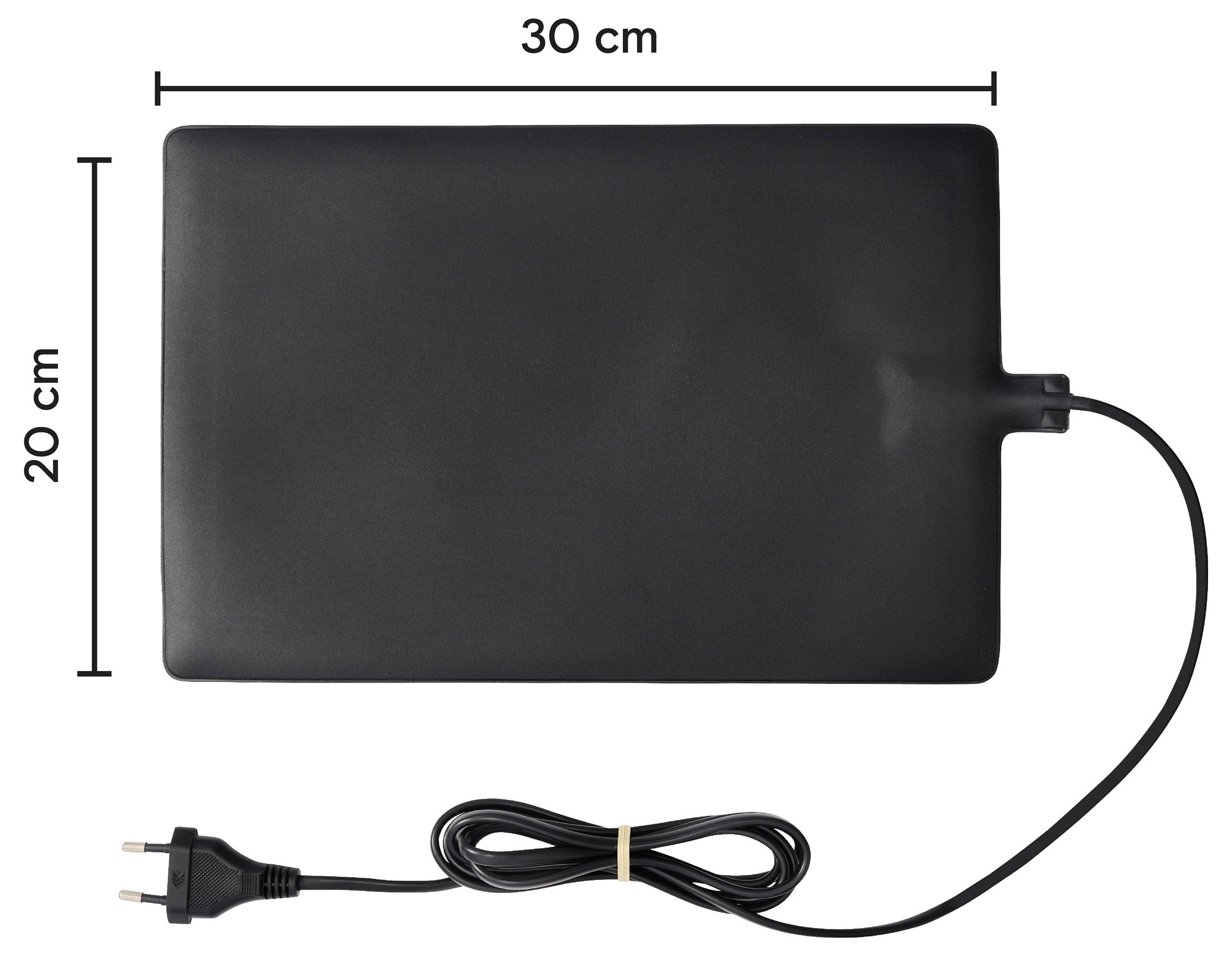 Schwarzes rechteckiges elektrisches Heizpad, 30 cm x 20 cm, mit angebrachtem Stromkabel und Stecker.