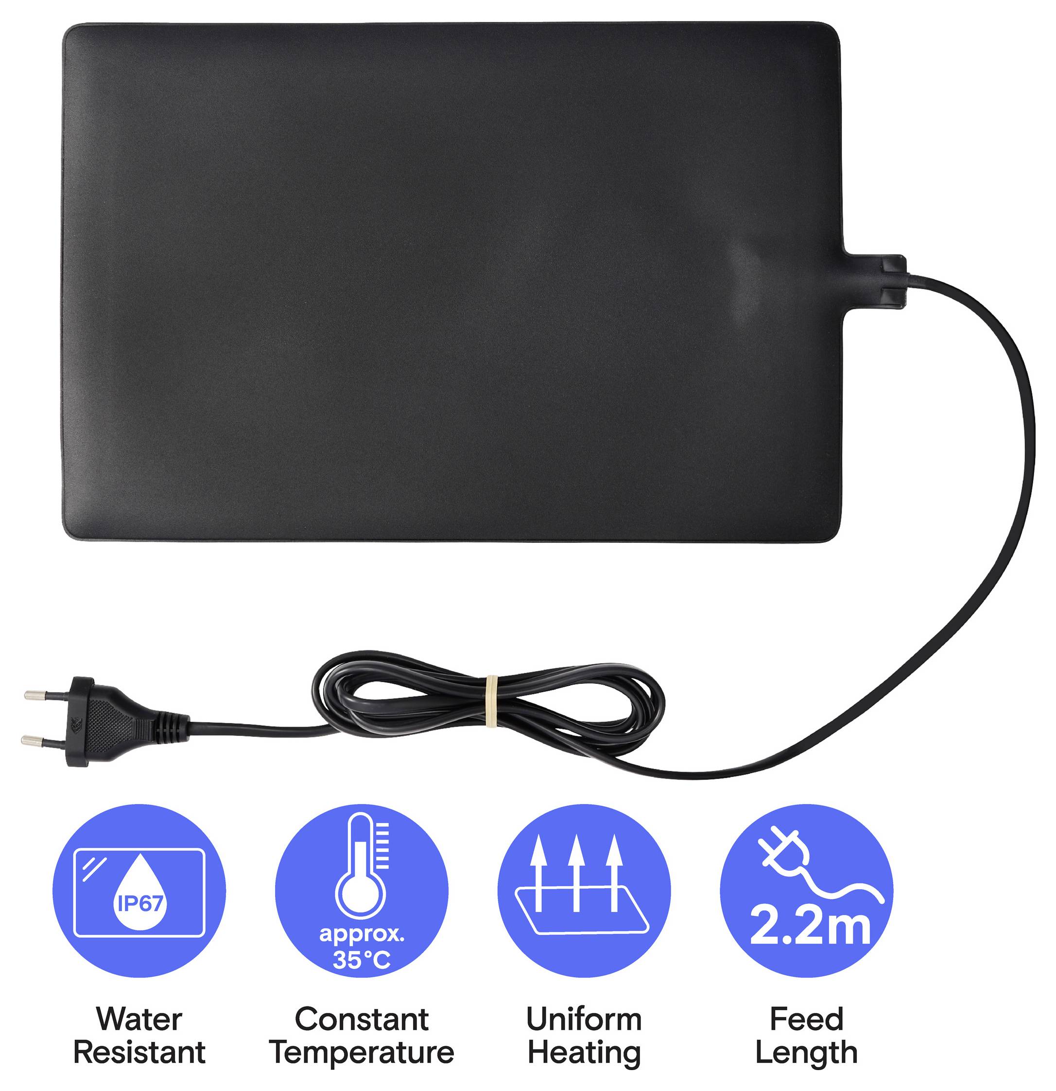 Schwarze rechteckige elektrische Heizmatte mit Kabel, gekennzeichnet als wasserfest, ungefähr 35°C konstante Temperatur, gleichmäßige Wärmeleistung und 2,2 m Zuleitung.