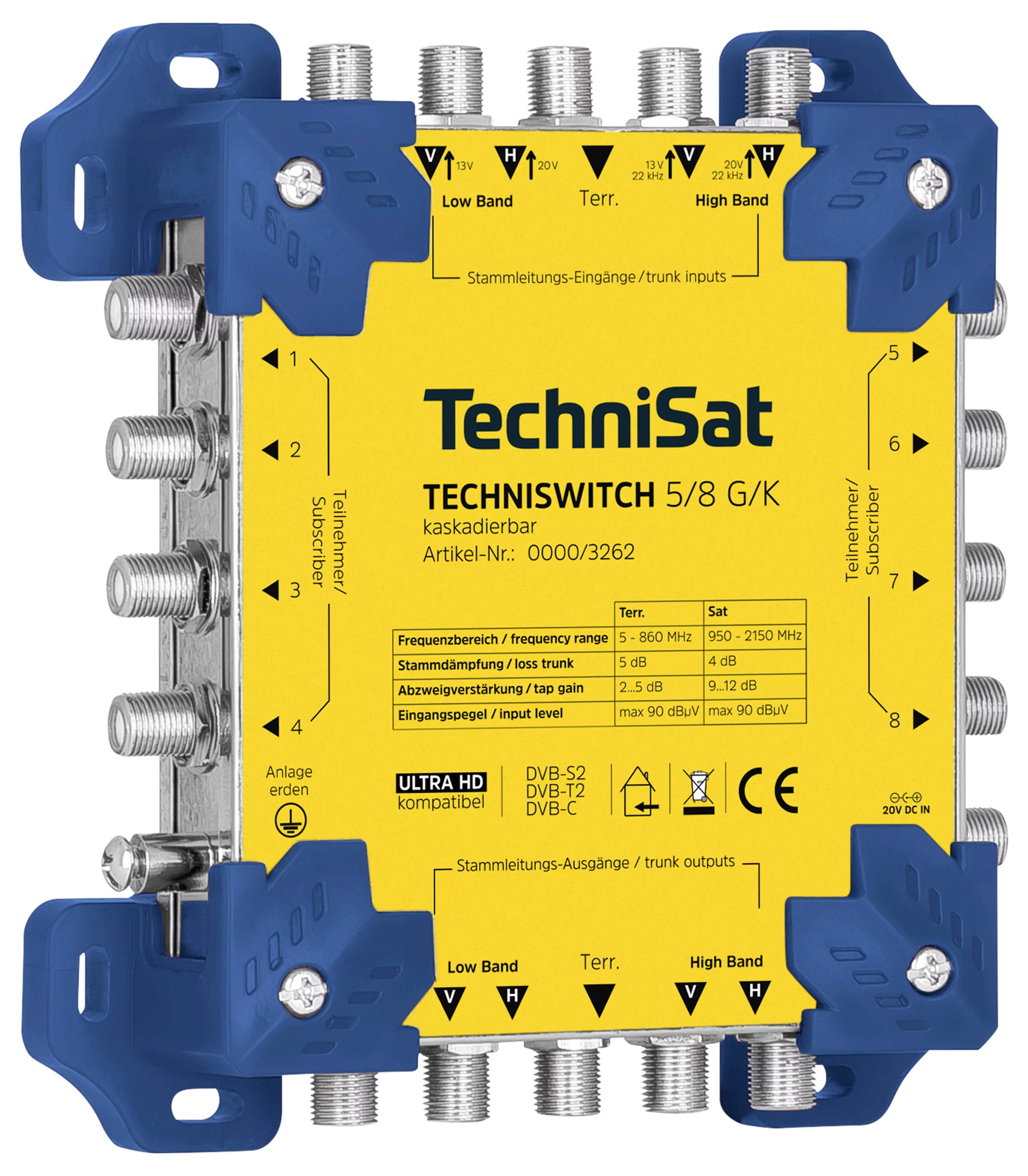 TechniSat TechniSwitch 5/8 K Kaskadenschalter mit mehreren Ein- und Ausgängen, Frequenzbereich 950-2400 MHz, Gehäuse in Blau und Gelb.