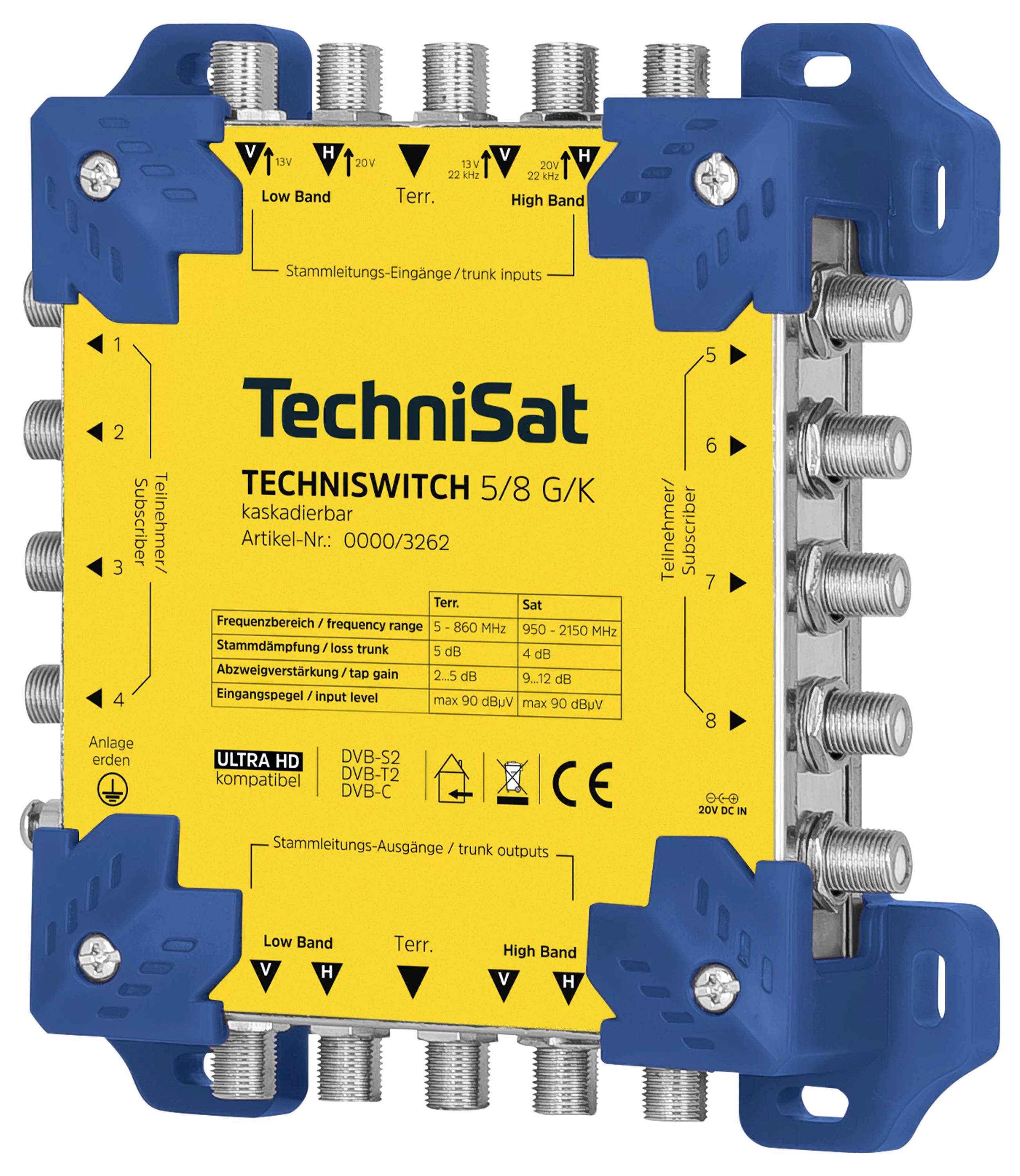 Ein gelb und blau gefärbter Technisat-Multischalter zum Verbinden von Satellitensignalen, beschriftet mit 