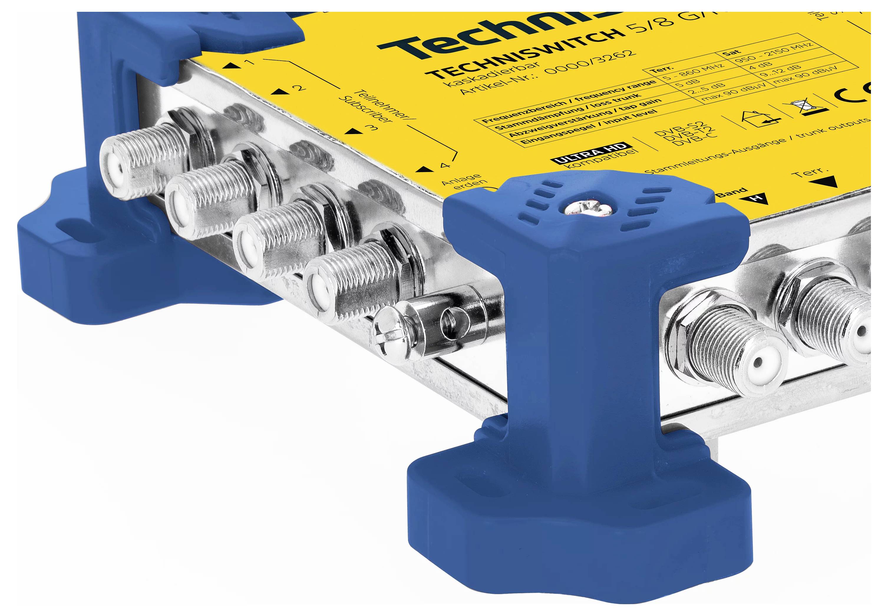 Ein gelber Satelliten-Multischalter mit blauen Befestigungswinkeln, ausgestattet mit acht F-Typ-Koaxialverbindungen und detaillierten Spezifikationen, die darauf gedruckt sind.