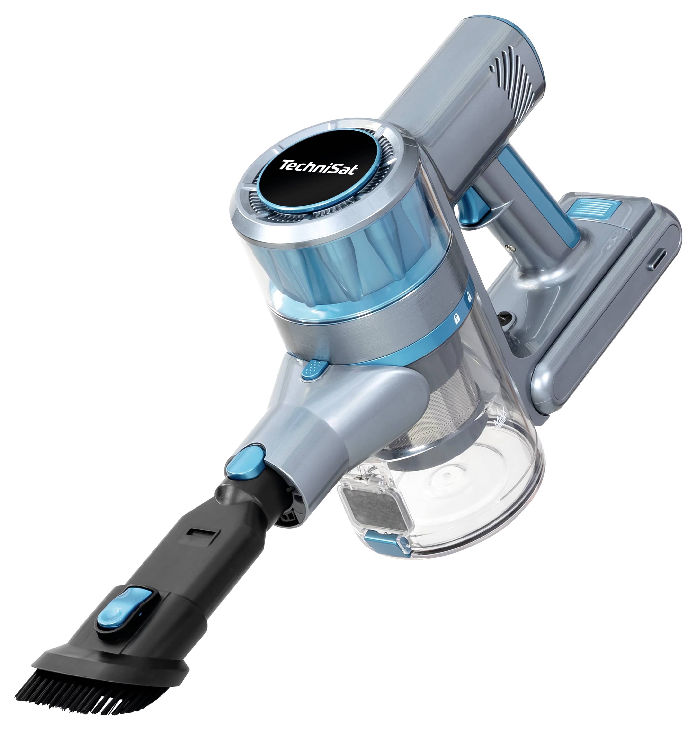 Ein tragbarer Staubsauger in Blau und Silber mit transparentem Staubbehälter und Bürstenaufsatz, Marke 'TechniSat'.