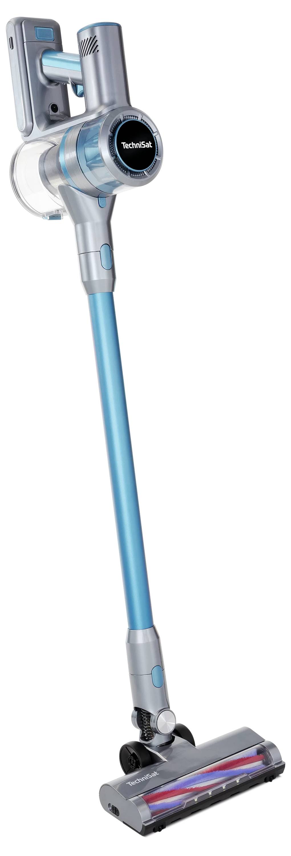 Ein kabelloser Stabstaubsauger mit silberblauer Designgestaltung, ausgestattet mit einem transparenten Staubbehälter und motorisierter Bürstenwalze.