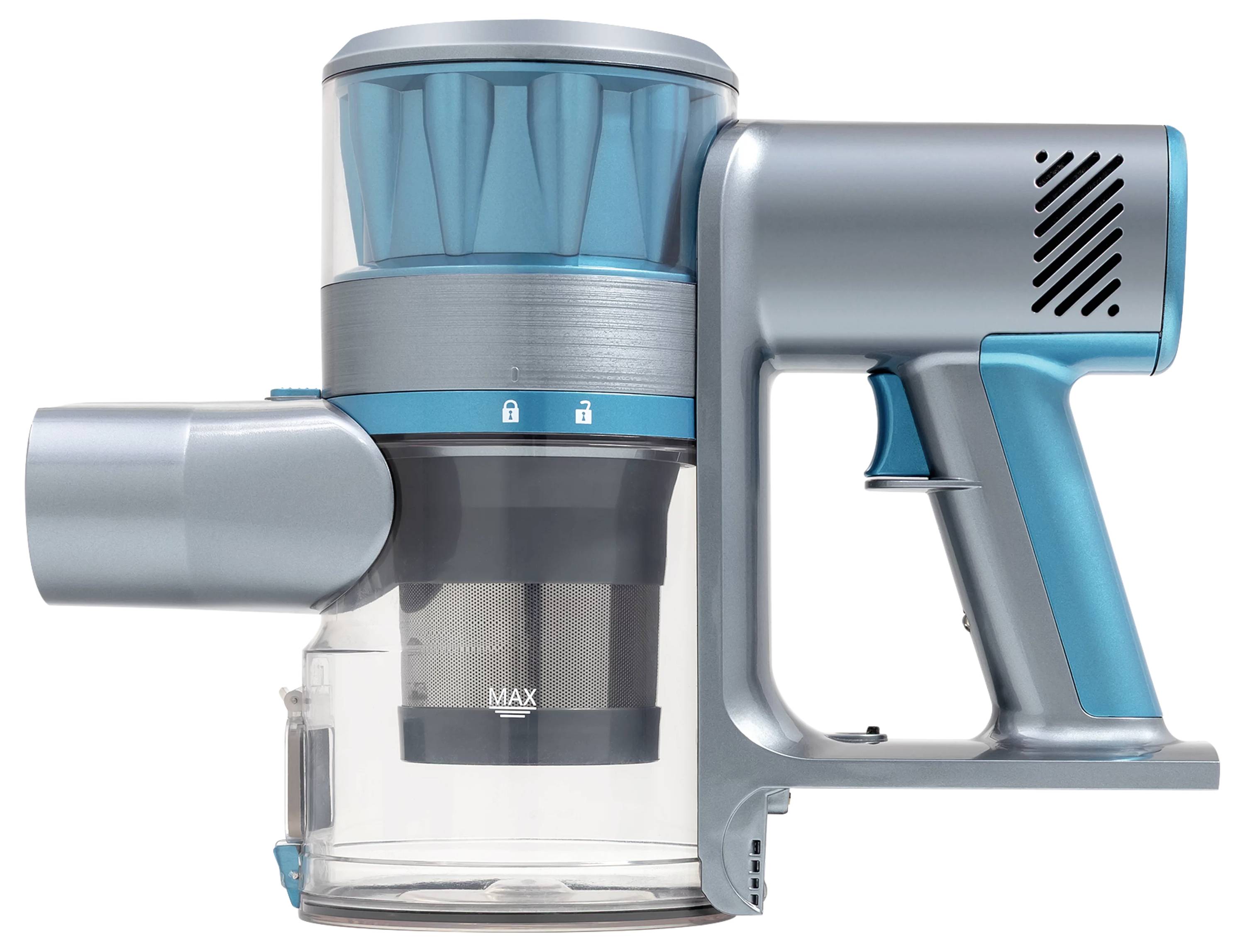 Eine Nahaufnahme eines grauen und blauen schnurlosen tragbaren Staubsaugers, der seinen transparenten Staubbehälter und seinen ergonomischen Griff zeigt.