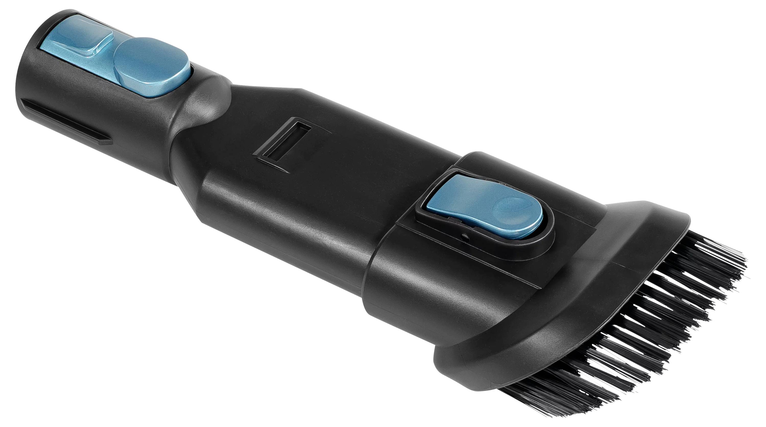Ein schwarzes Staubsaugeraufsatzteil mit Borsten, ausgestattet mit blauen Knöpfen für die Funktionalität, entwickelt zum Reinigen von Oberflächen und Spalten.