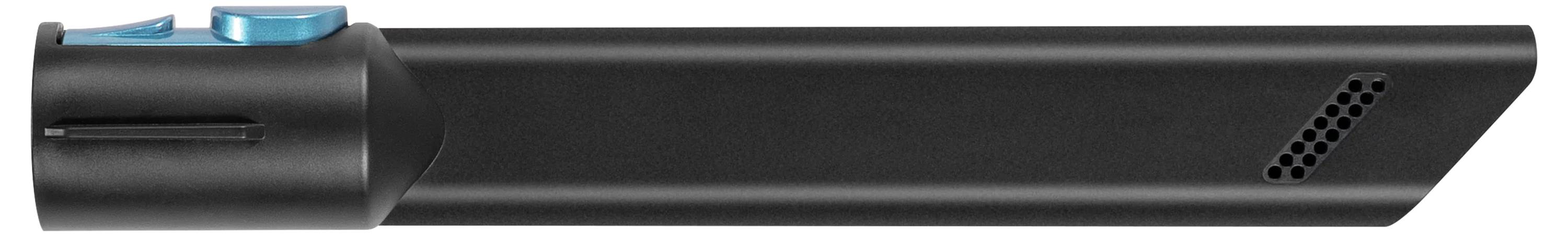 Ein schwarzer tragbarer Staubsauger mit einem blauen Knopf und einem kleinen Lüftungsschlitz, entwickelt zum Reinigen von engen Räumen.