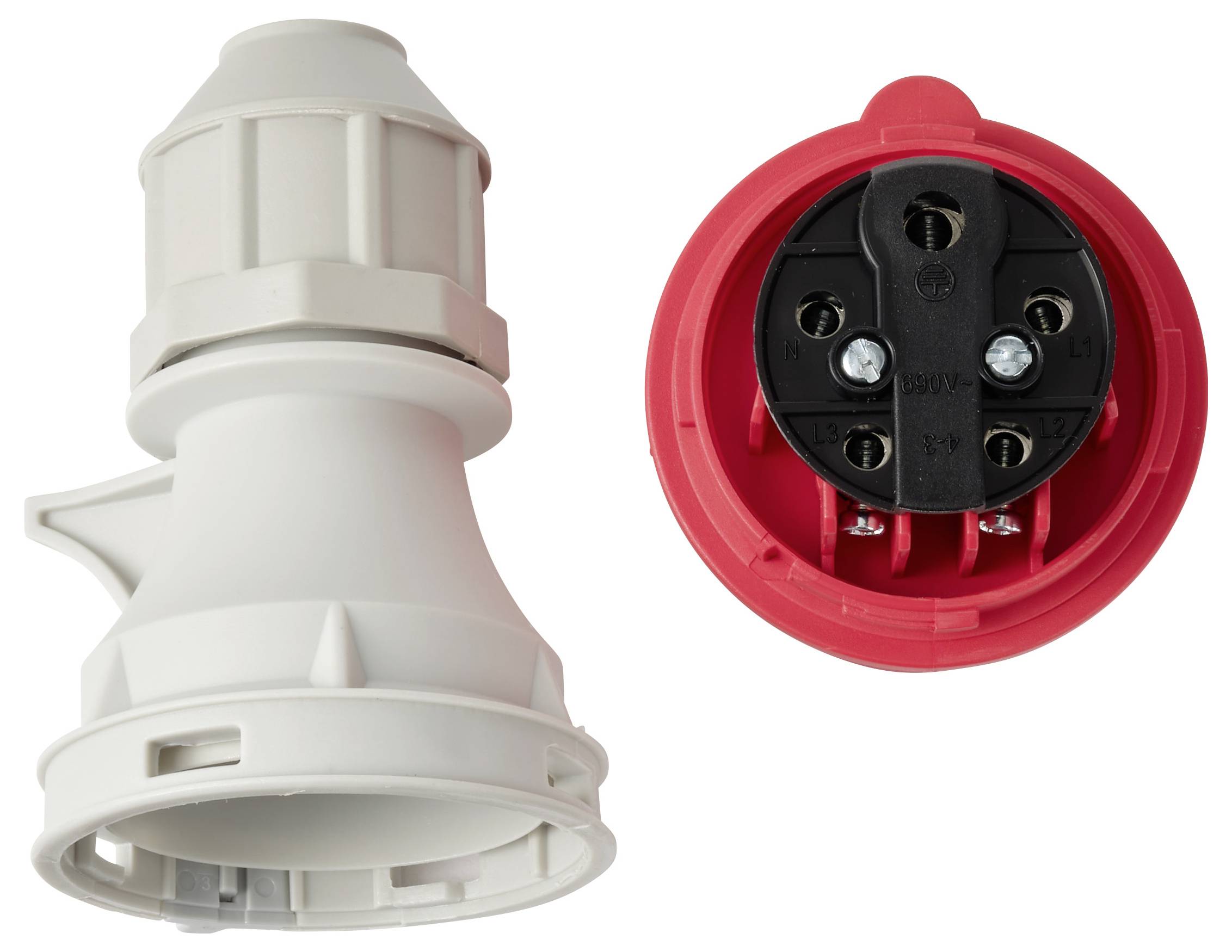 Weiße Elektrostecker-Adapter von der Seite und von vorne gezeigt, mit rotem kreisförmigem Anschlussgesicht auf weißem Hintergrund.