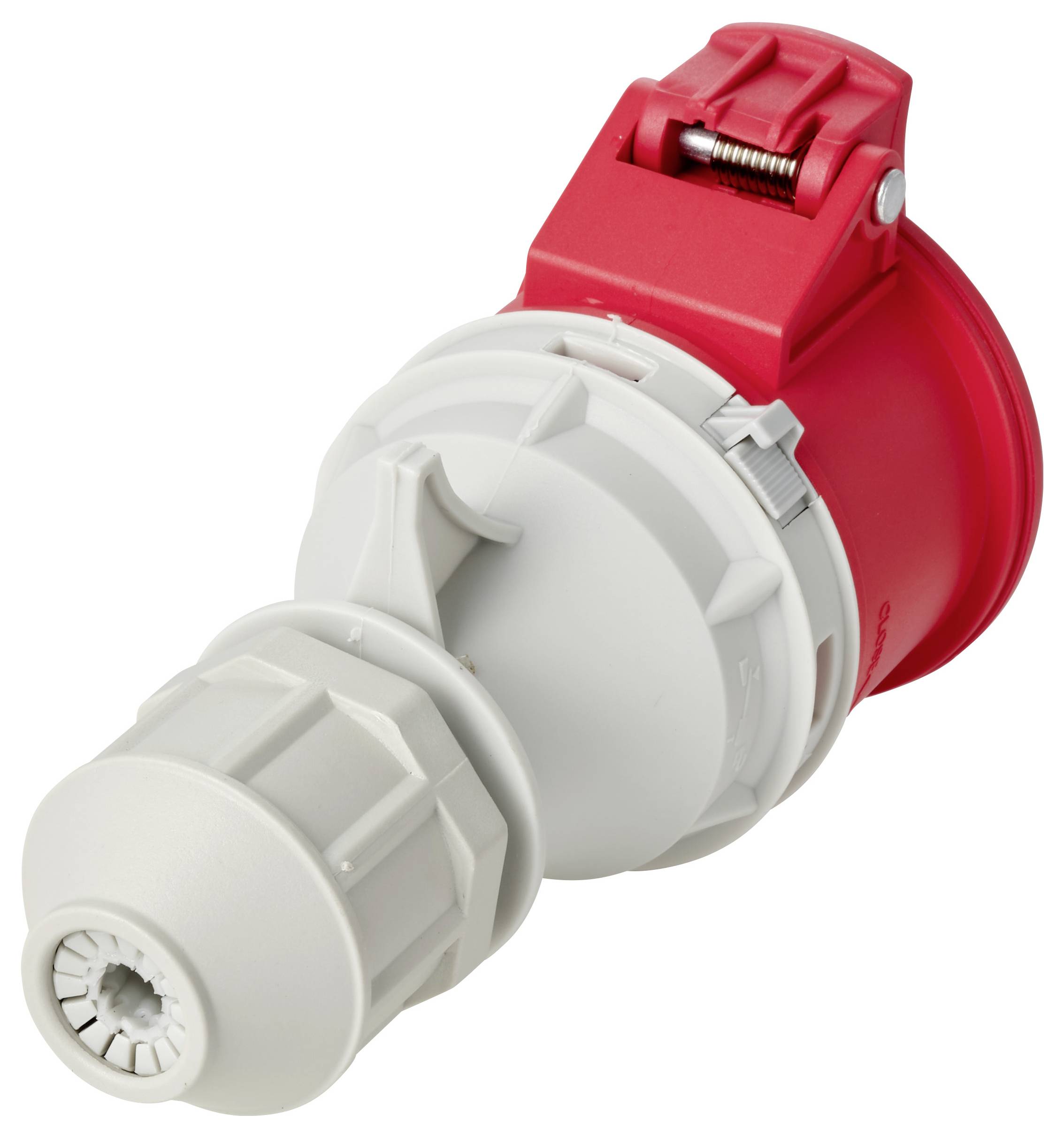 Roter und grauer industrieller Elektrostecker auf weißem Hintergrund, in Nahaufnahme gezeigt.