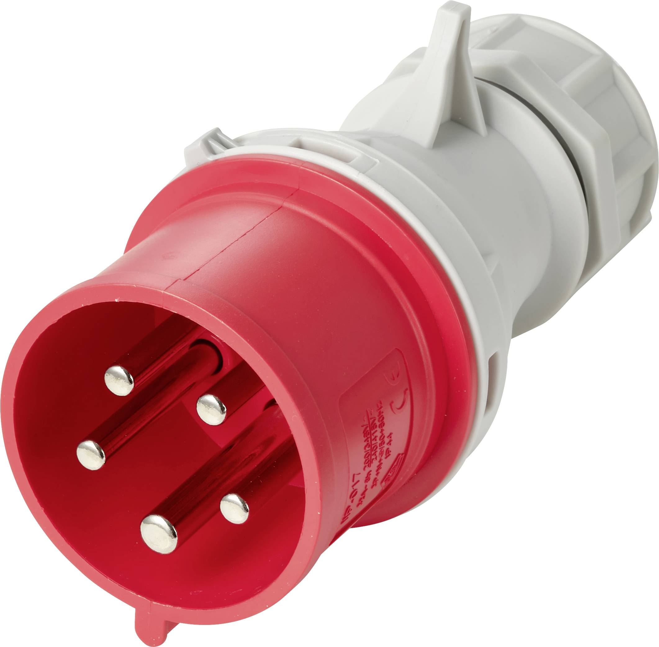 Roter industrieller Stromstecker mit fünf Metallkontakten und grauem Gehäuse auf weißem Hintergrund.