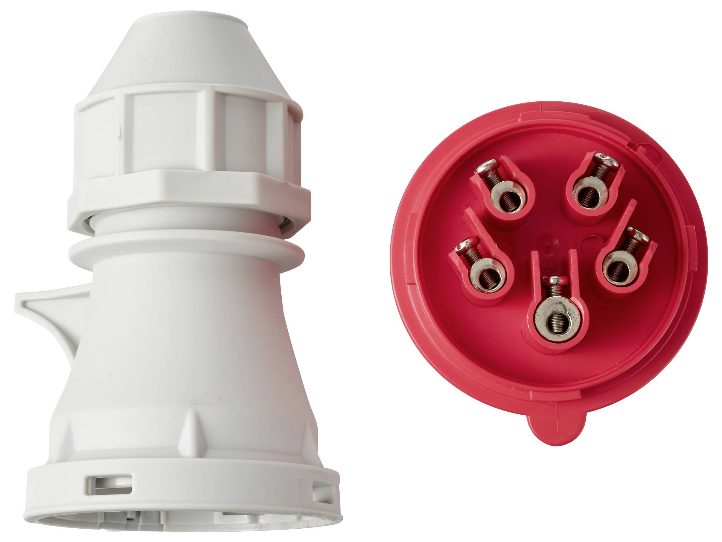 Weißer Elektrostecker-Adapter neben einem roten kreisförmigen 5-Stecker-Anschluss auf weißem Hintergrund.