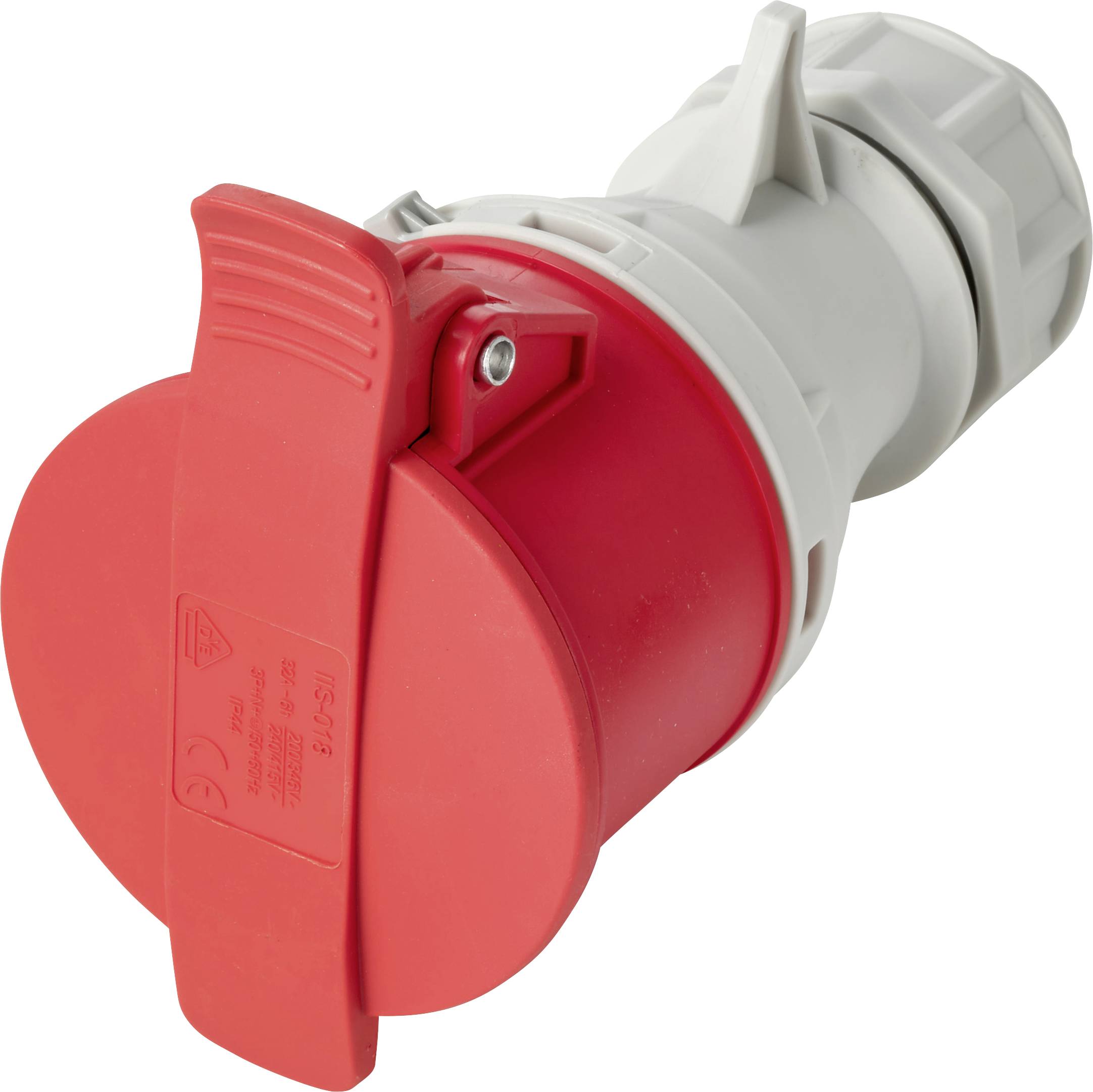 Roter industrieller Stromstecker mit abnehmbarem Deckel, dargestellt vor weißem Hintergrund.