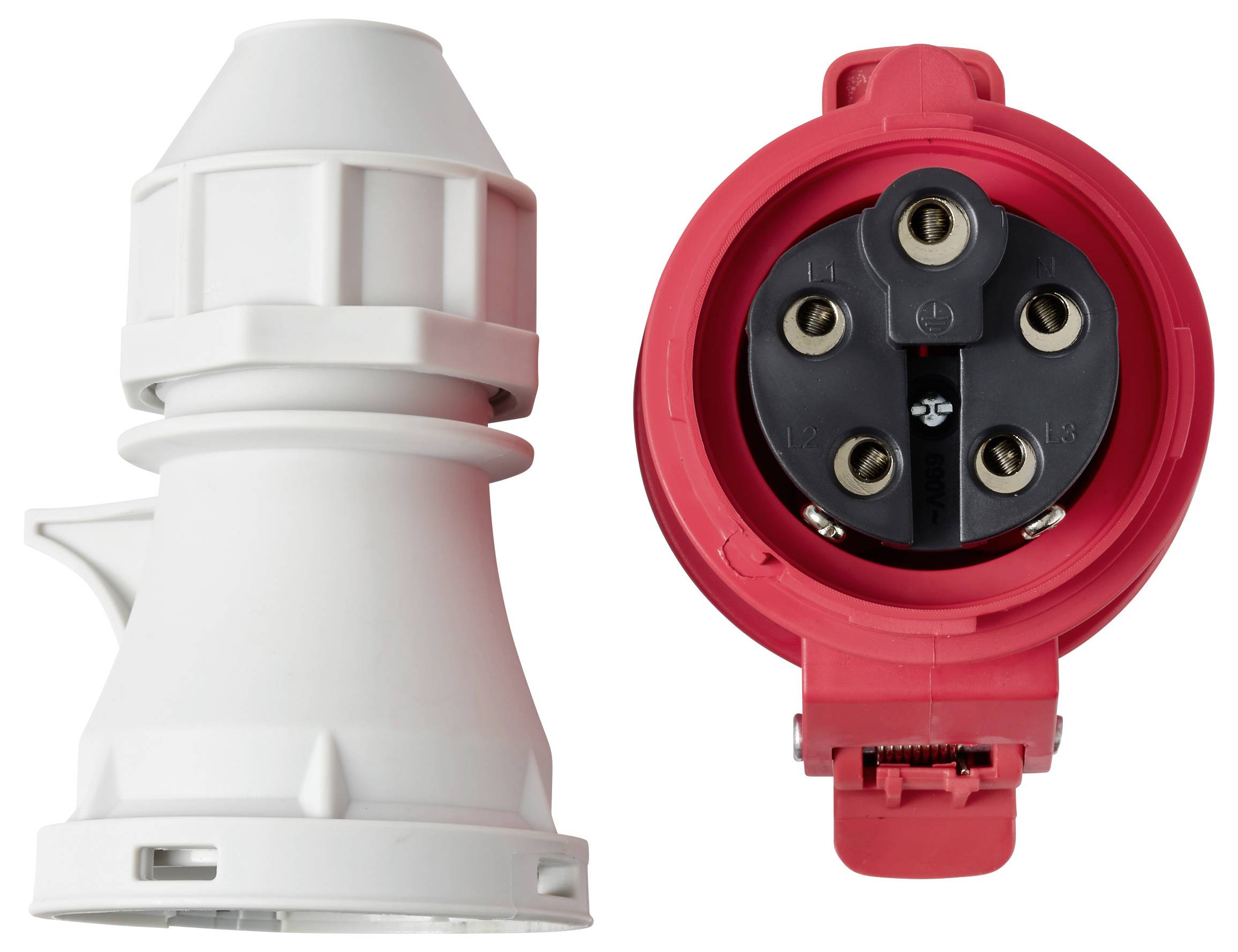 Zwei industrielle Elektrostecker sind dargestellt: ein weißer Stecker auf der linken Seite und eine rote Buchse auf der rechten Seite, beide vor einem einfachen Hintergrund gezeigt.