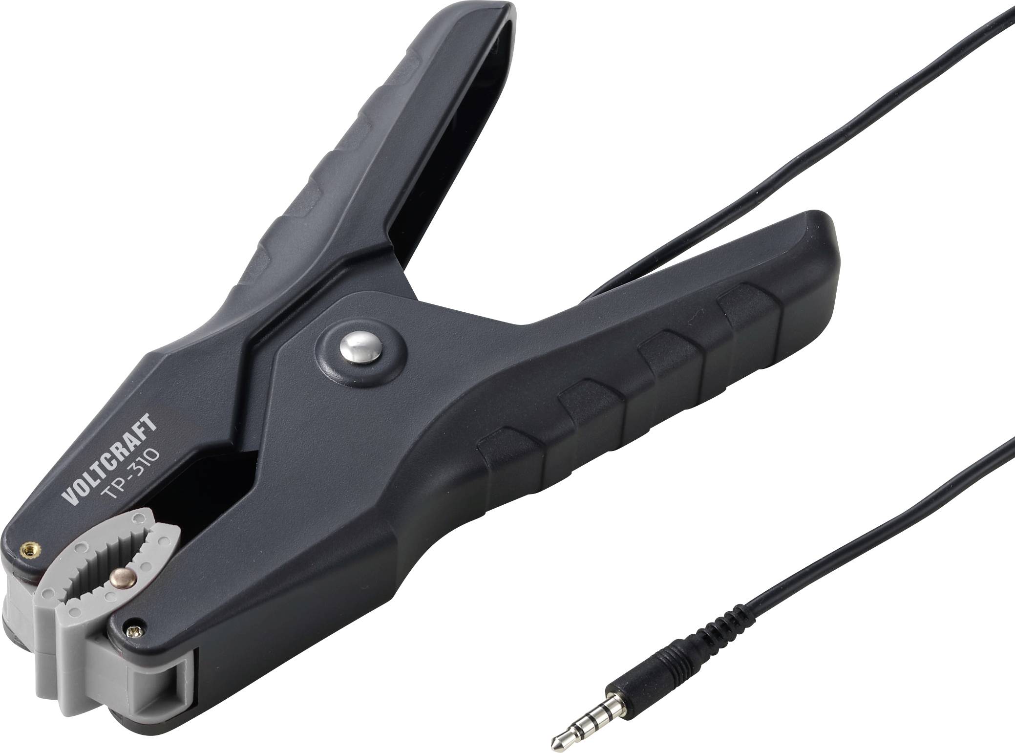 Schwarzes Krokodilklemmen-Testleitungsset mit angeschlossenem 3,5-mm-Audiojackstecker