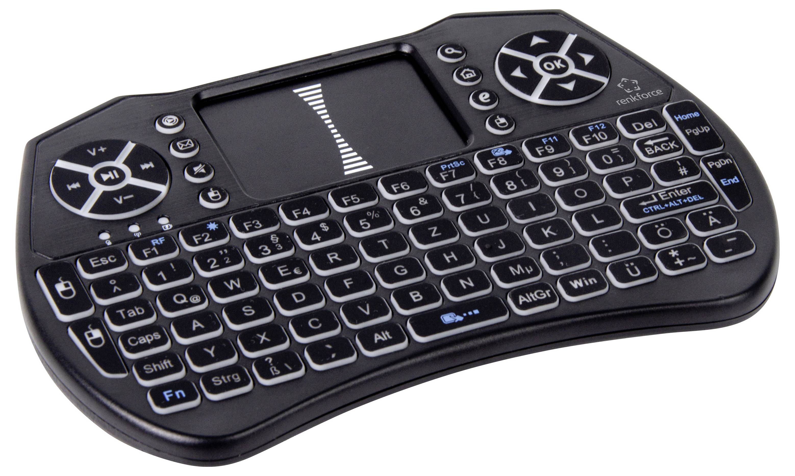 Kompakte kabellose Mini-Tastatur mit integriertem Touchpad, kreisförmigen Media-/Navigationstasten und beleuchteten Tasten für die Fernbedienung von Geräten.