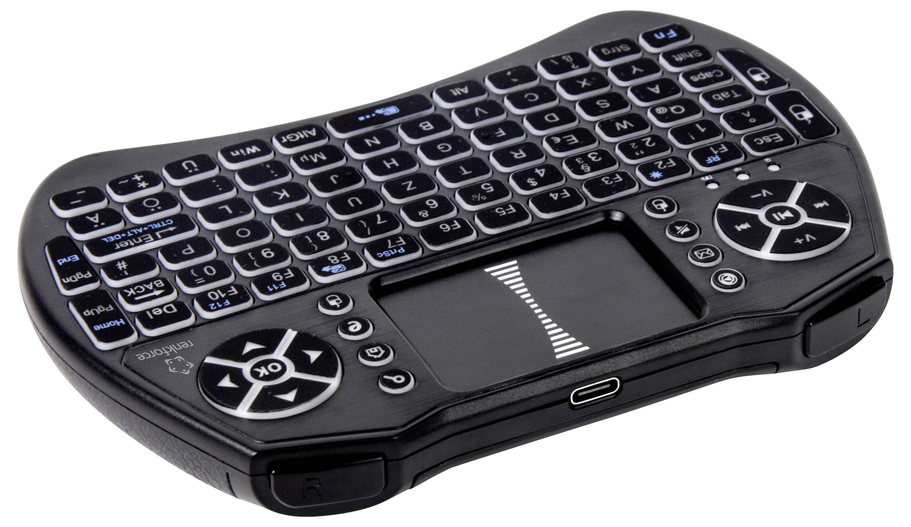 Kompakte schwarze kabellose Mini-Tastatur mit integriertem Touchpad und kreisförmigen Navigationstasten, dargestellt auf weißem Hintergrund.