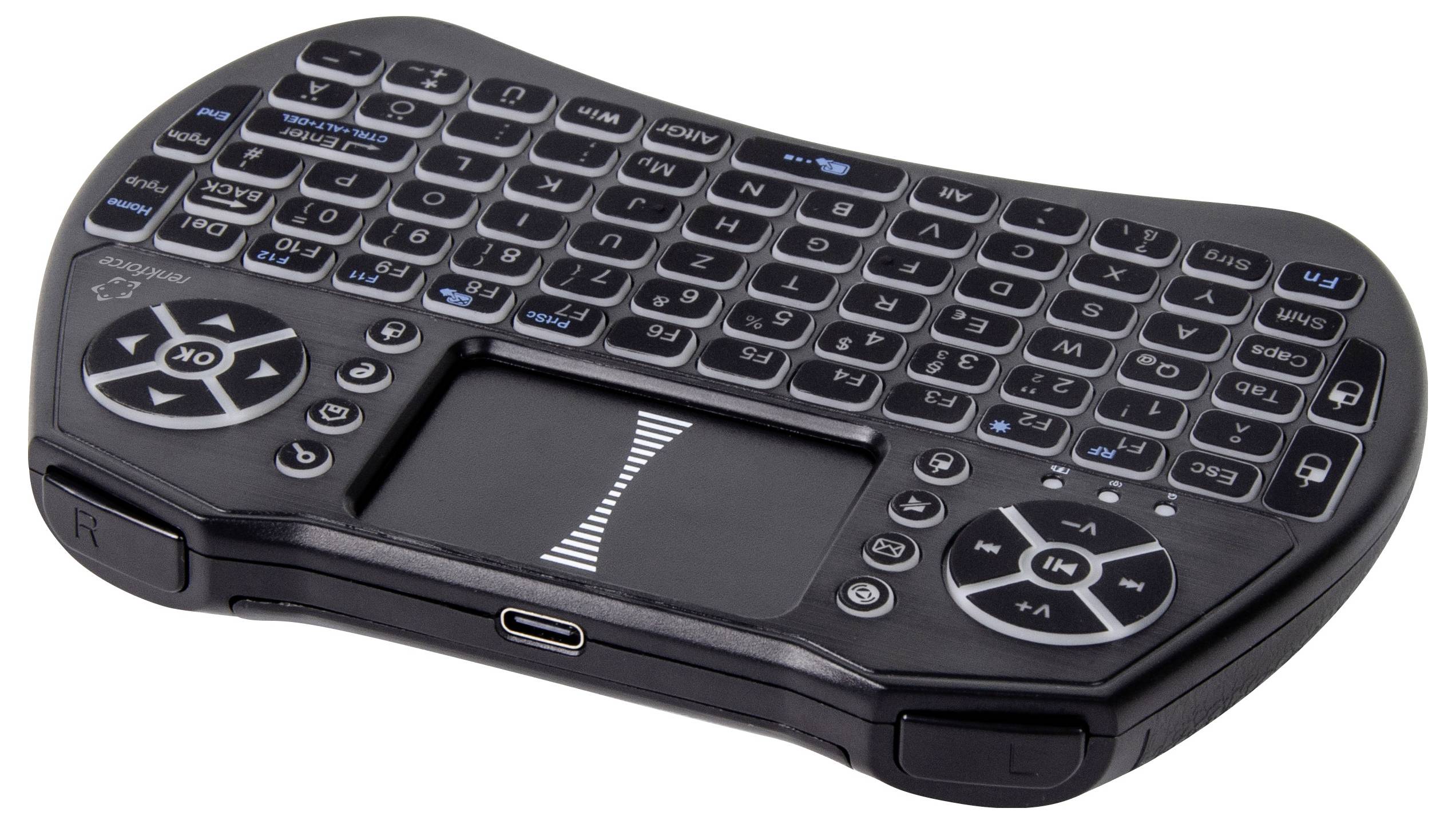 Schwarze tragbare kabellose Tastatur mit Touchpad und Mediatasten auf weißem Hintergrund.