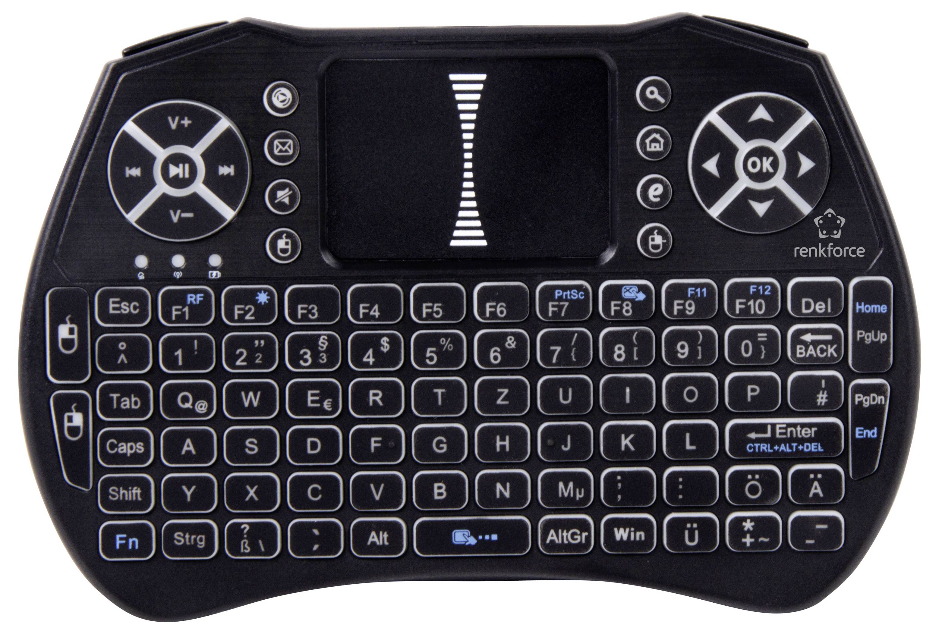 Kompakte schwarze kabellose Mini-Tastatur mit integriertem Touchpad, Richtungstasten und Medienbedienelementen zur Navigation am Fernseher oder Computer.