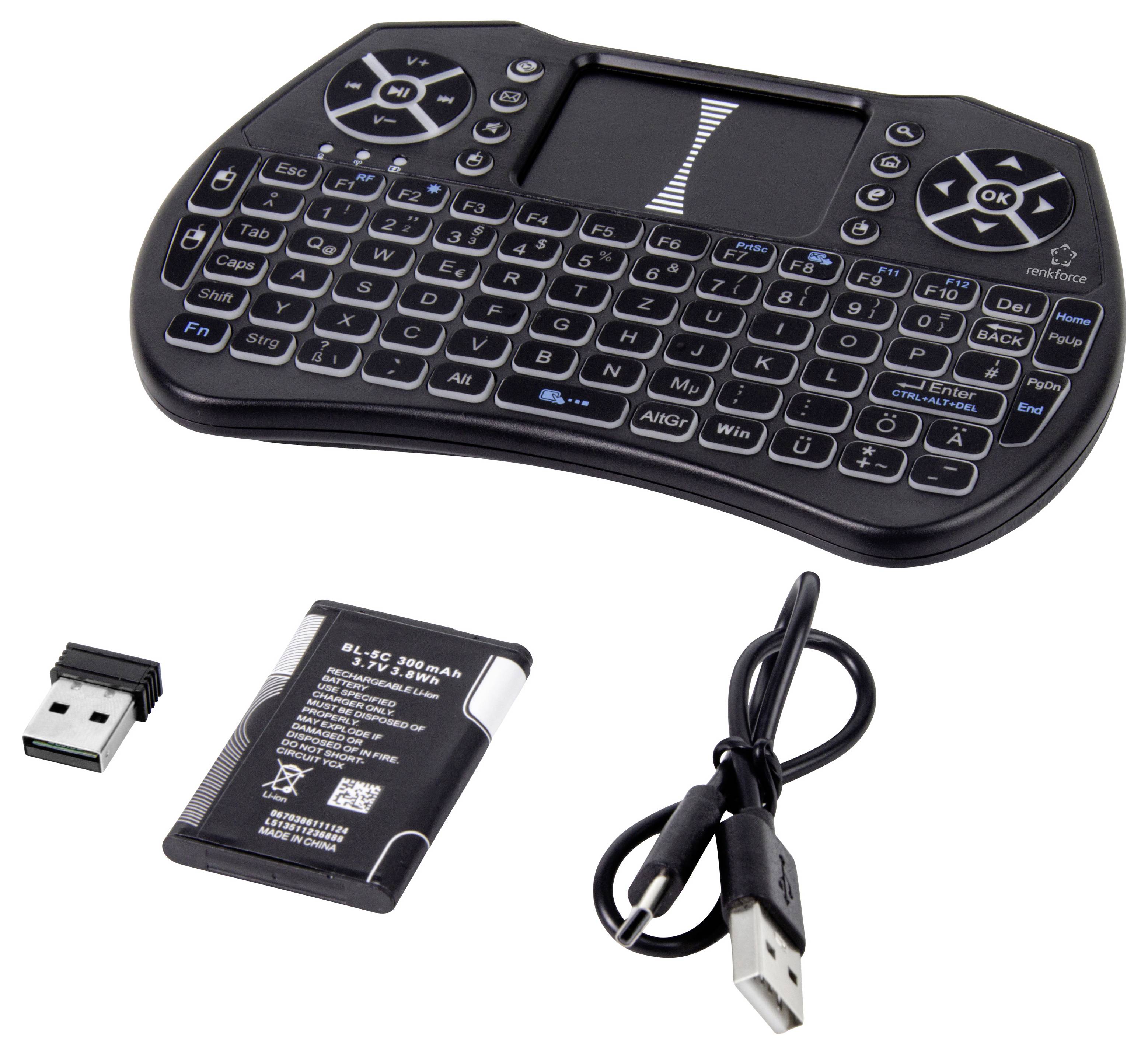 Drahtlose Mini-Tastatur mit Touchpad, USB-Empfänger, wiederaufladbare Batterie und USB-Ladekabel auf weißem Hintergrund dargestellt.