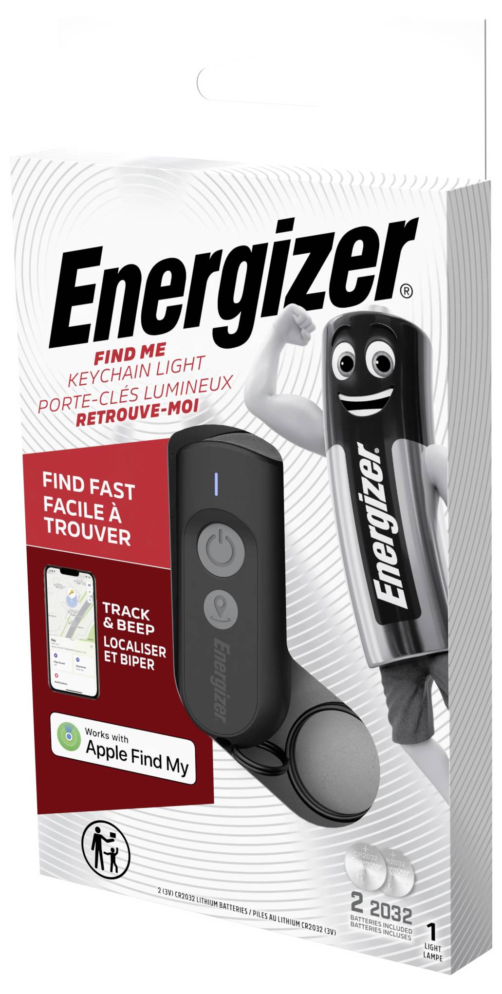 „Energizer Find Me" Schlüsselbund-Leuchte Verpackung mit einem lächelnden Batteriesymbol. Enthält Apple Find My Kompatibilität und Kartenillustration.