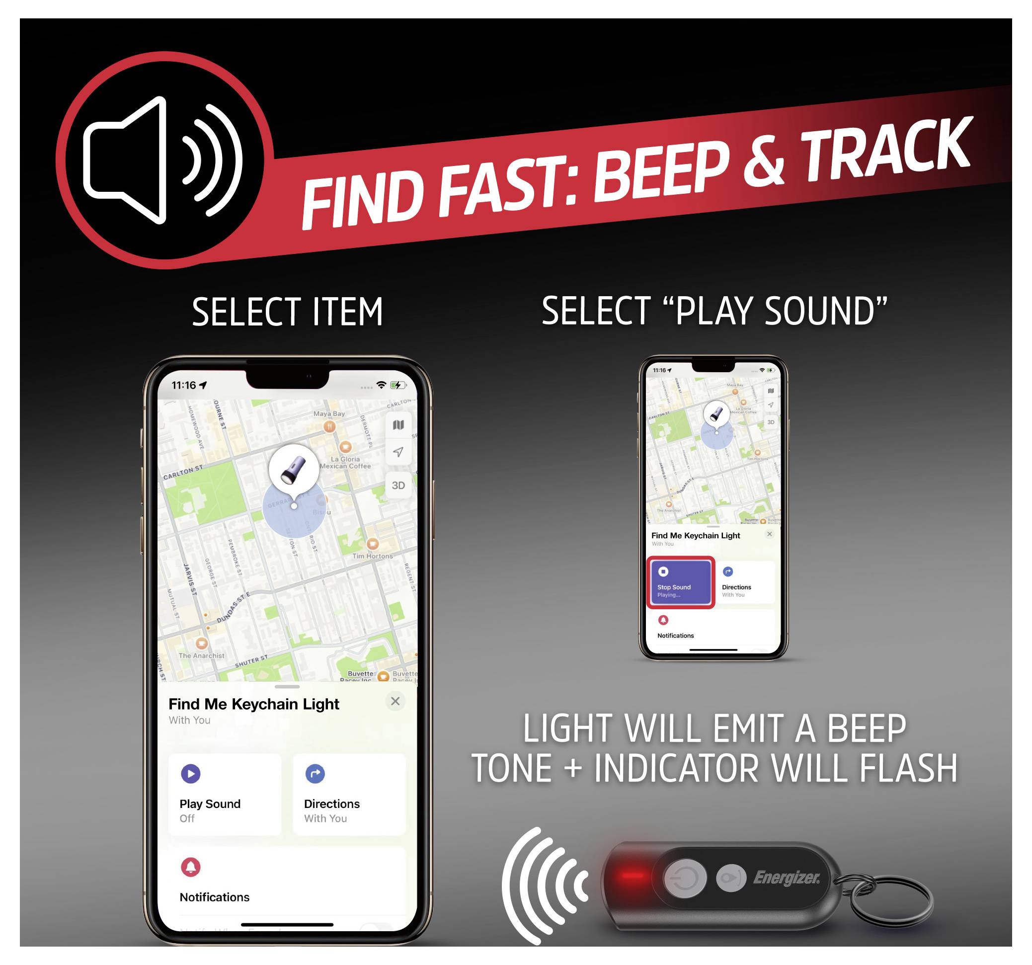 „Schnell Finden: Piep & Verfolgen.