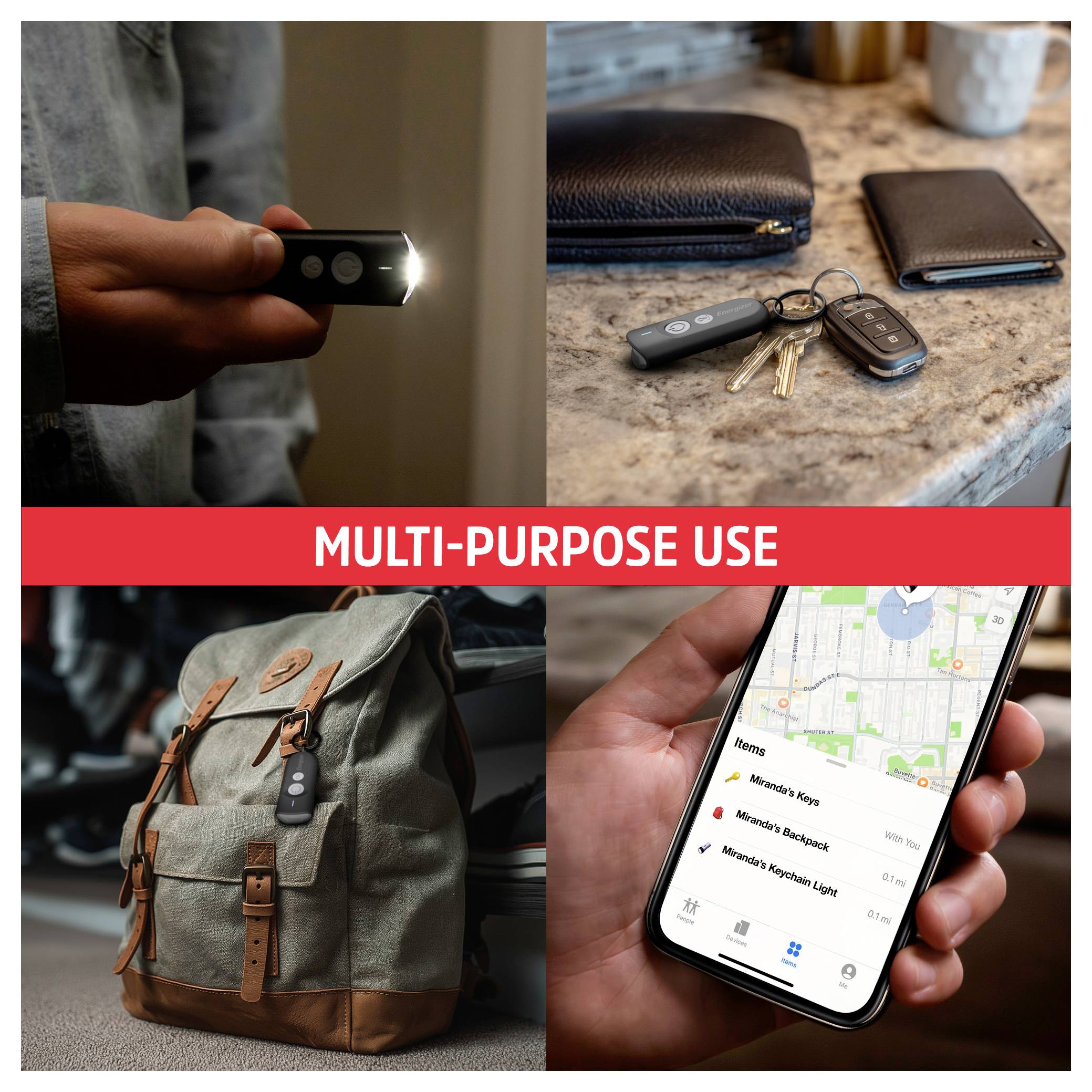 „Vielseitige Verwendung" – Bild zeigt einen Schlüsselbund mit Schlüsseln und Fernbedienung, einen Rucksack und ein Smartphone mit einer Karten-App, wobei die Vielseitigkeit hervorgehoben wird.