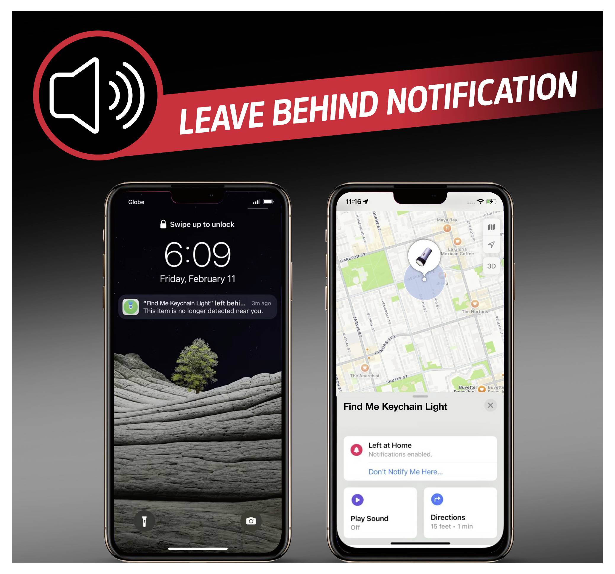 Zwei Smartphones zeigen eine "Leave Behind Notification"; eines zeigt den Alert, das andere eine Karte mit dem Standort eines Schlüsselanhängers.