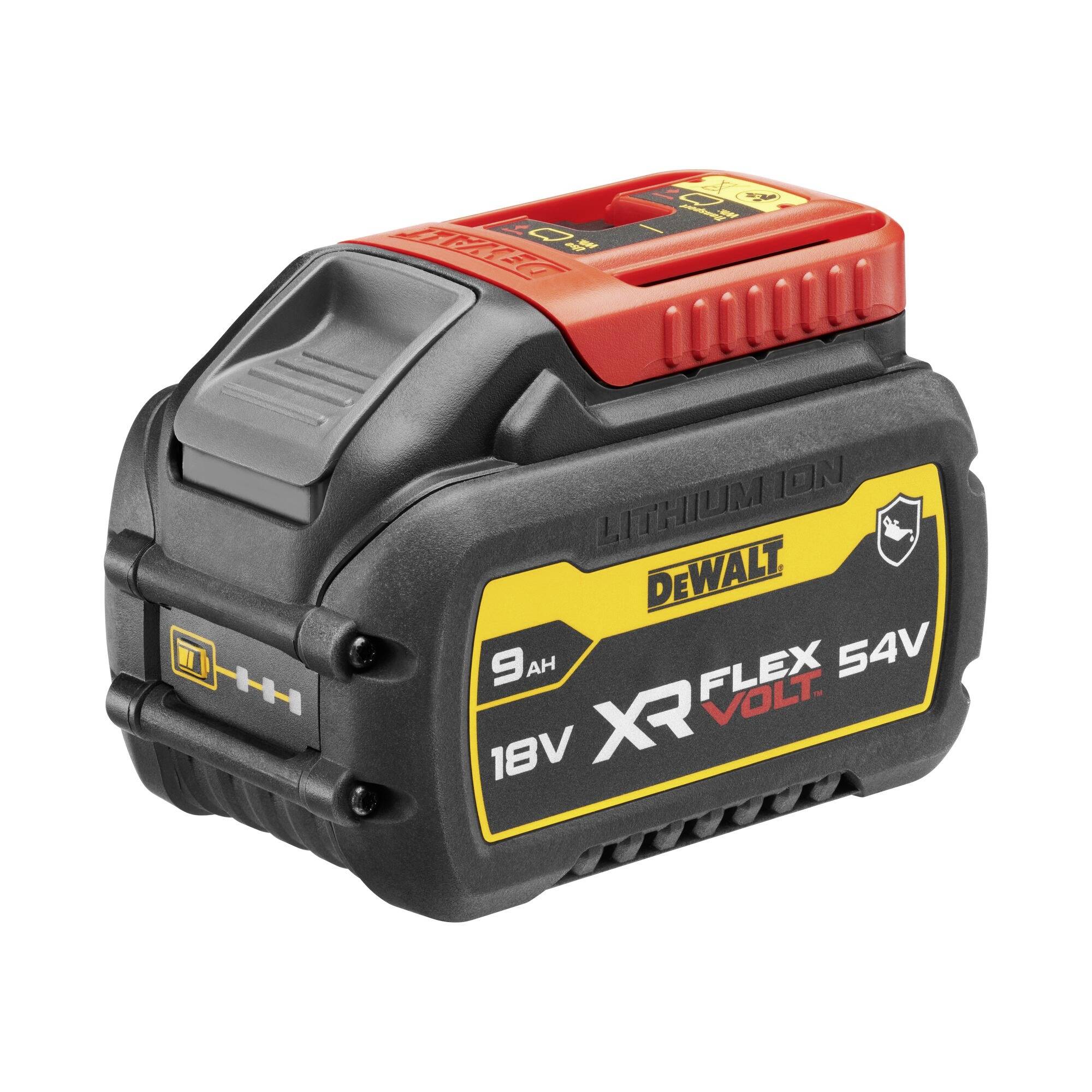 DeWalt FlexVolt Batteriepack, 18V/54V, 9Ah Kapazität, schwarz mit gelben und roten Akzenten, Logo und Spezifikationen sichtbar.